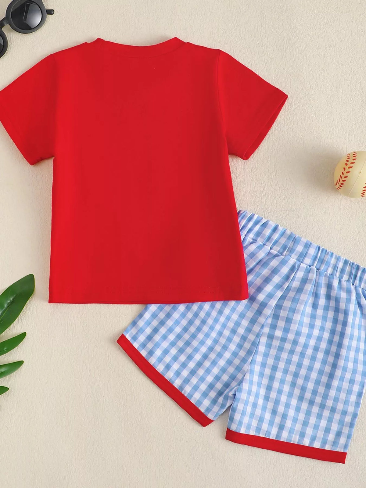 Red God is good baseball tee and gingham shorts — outfit back