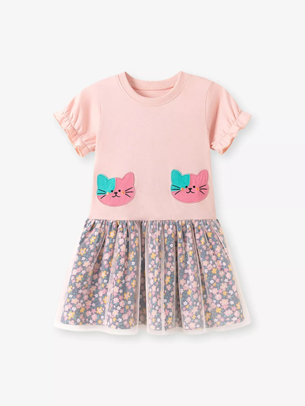 Pink cat-applique dress with a floral tulle skirt laid flat