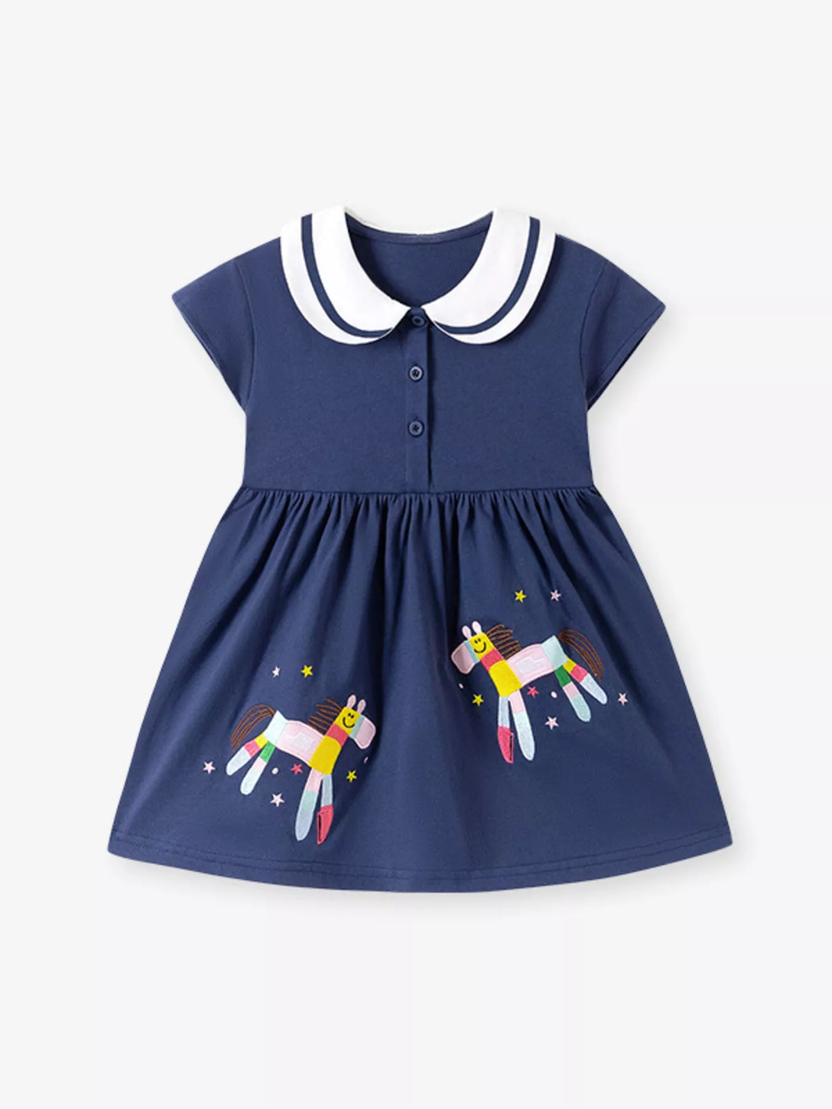 Navy horse-embroidered dress with a white Peter Pan collar laid flat
