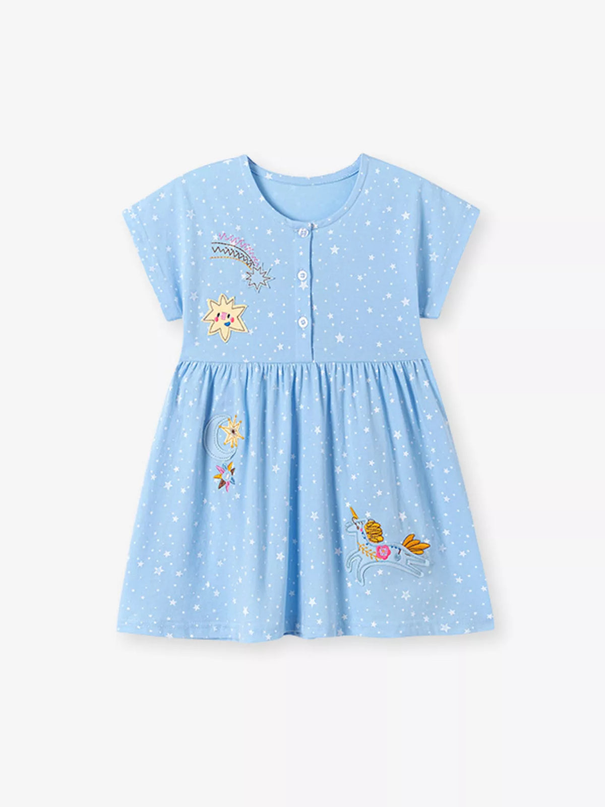 Blue Unicorn and Star Embroidered Dress — front view