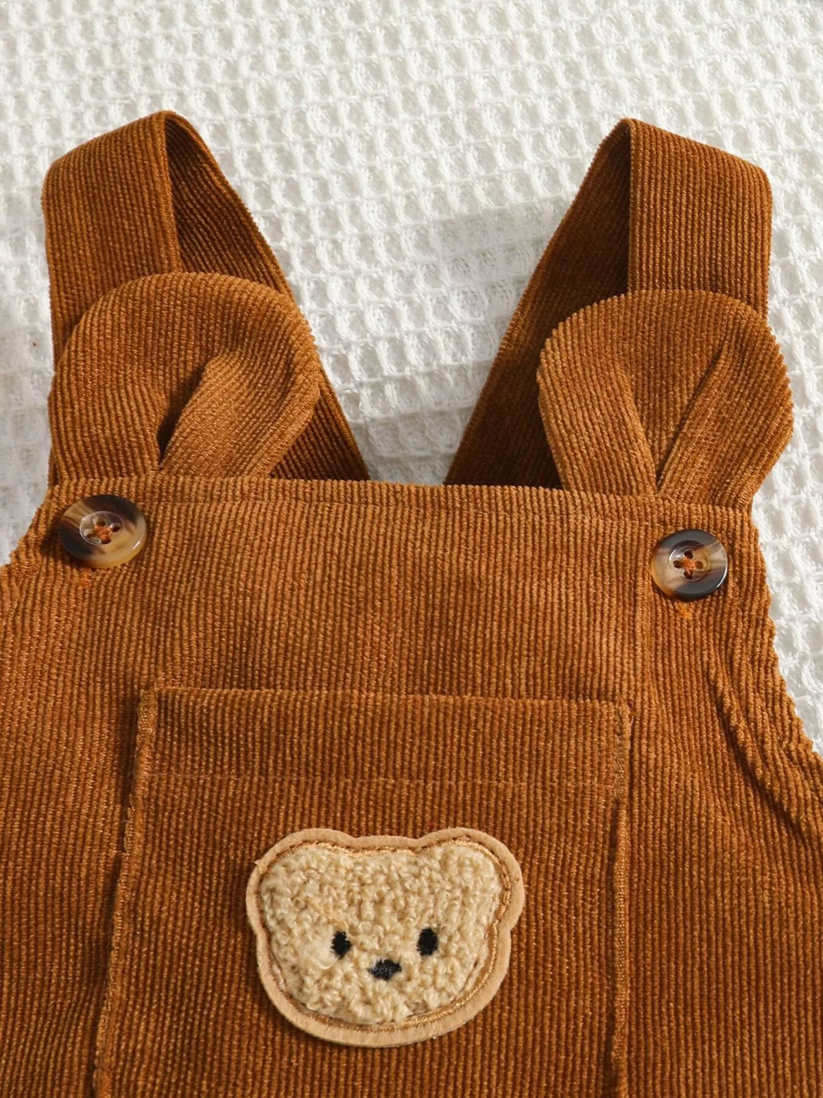 Brown corduroy bear pocket overalls animal print bodysuit and hat — bear patch pocket and bib buttons