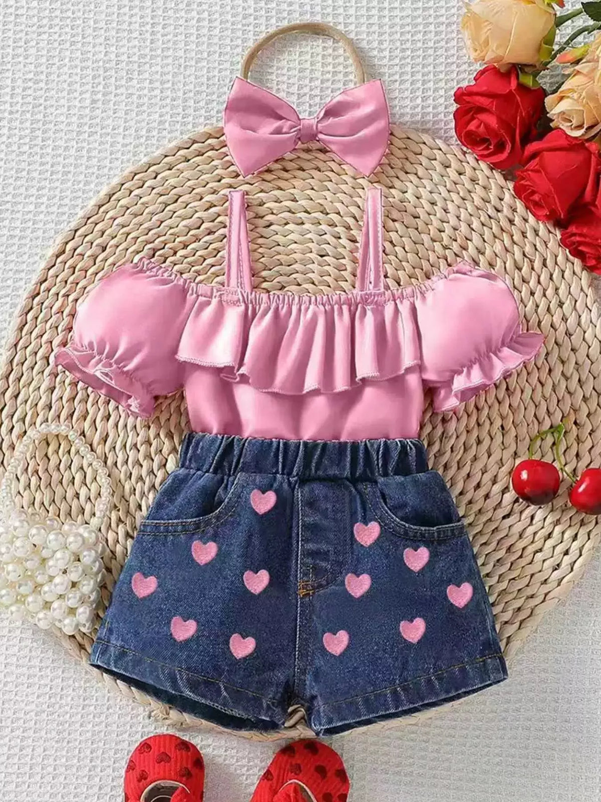 Ruffle cold shoulder top heart denim shorts and headband — pink outfit front