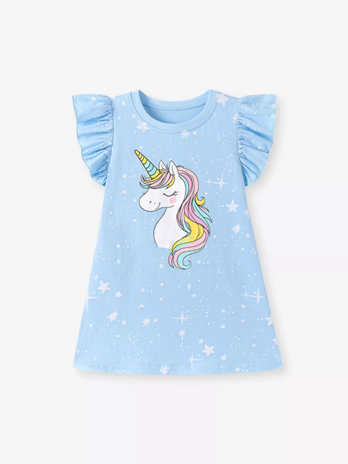 Blue unicorn ruffle-sleeve dress with star motifs laid flat