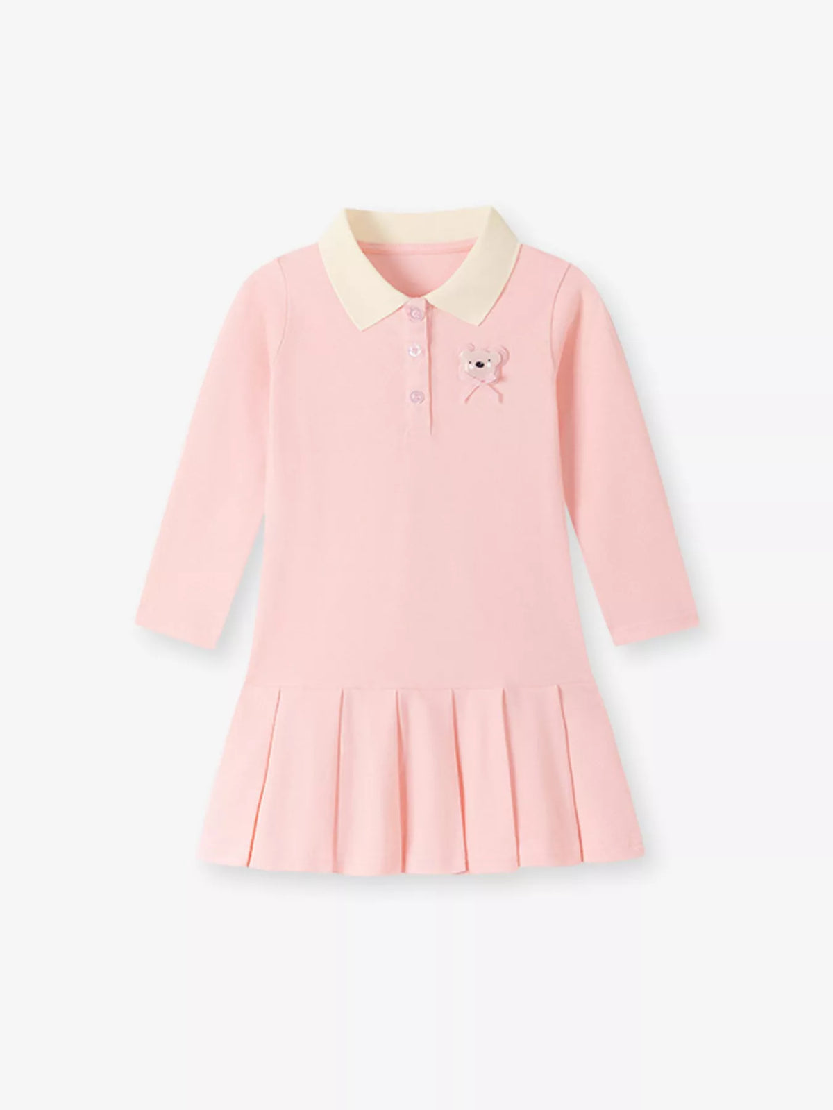 Pink long-sleeve polo dress with a pleated hem and koala applique laid flat