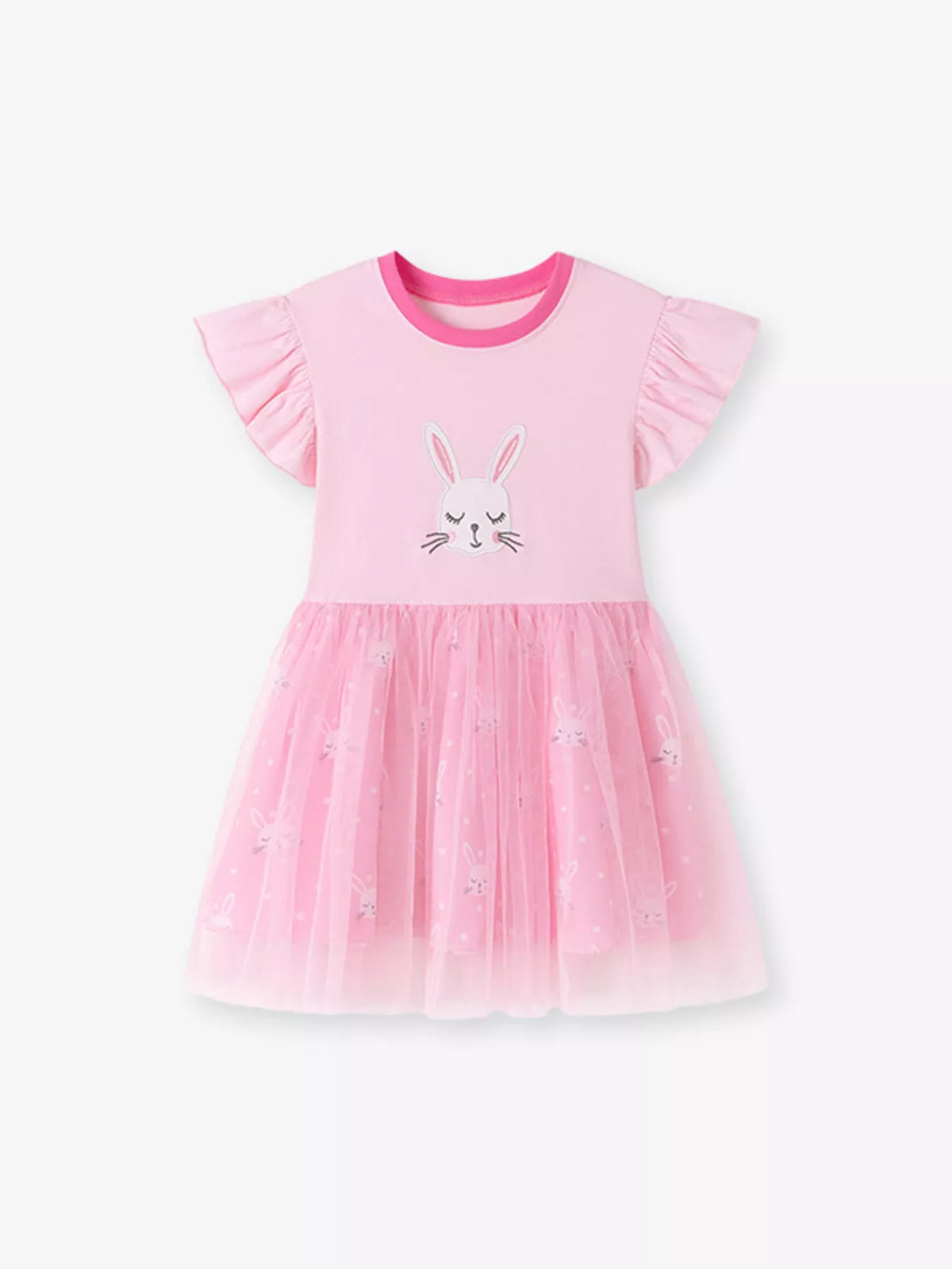 Pink bunny-applique ruffle-sleeve dress with a tulle skirt laid flat