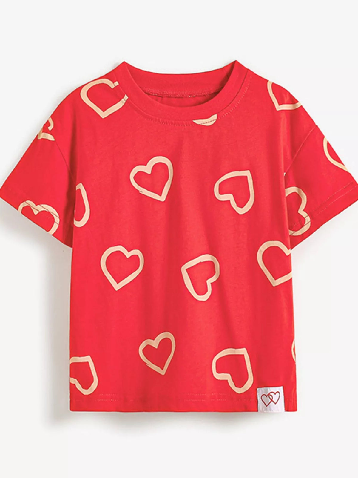 Red outline heart print shirt — front laid flat