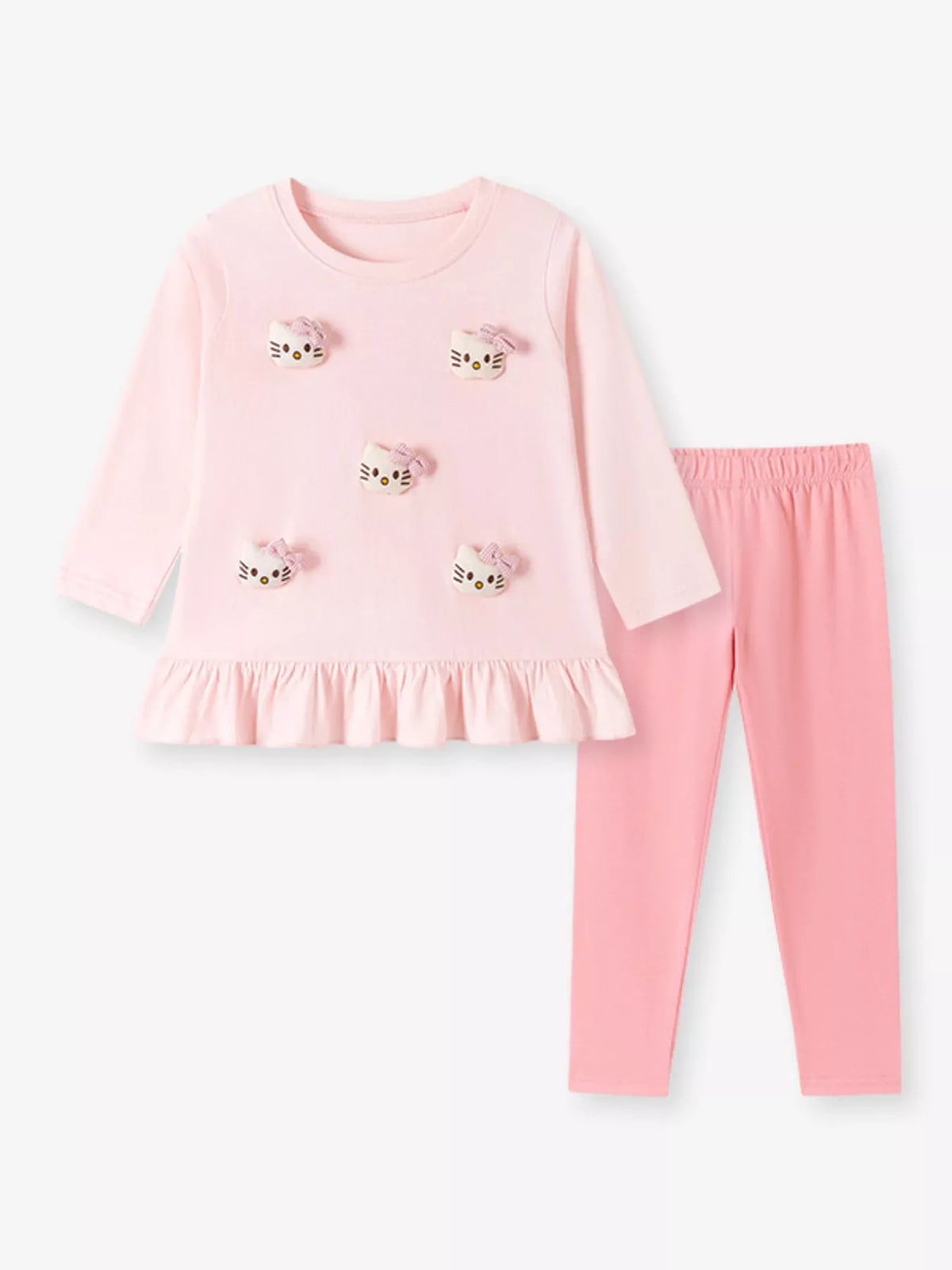 Pink cat-applique ruffle-hem top with pink leggings laid flat