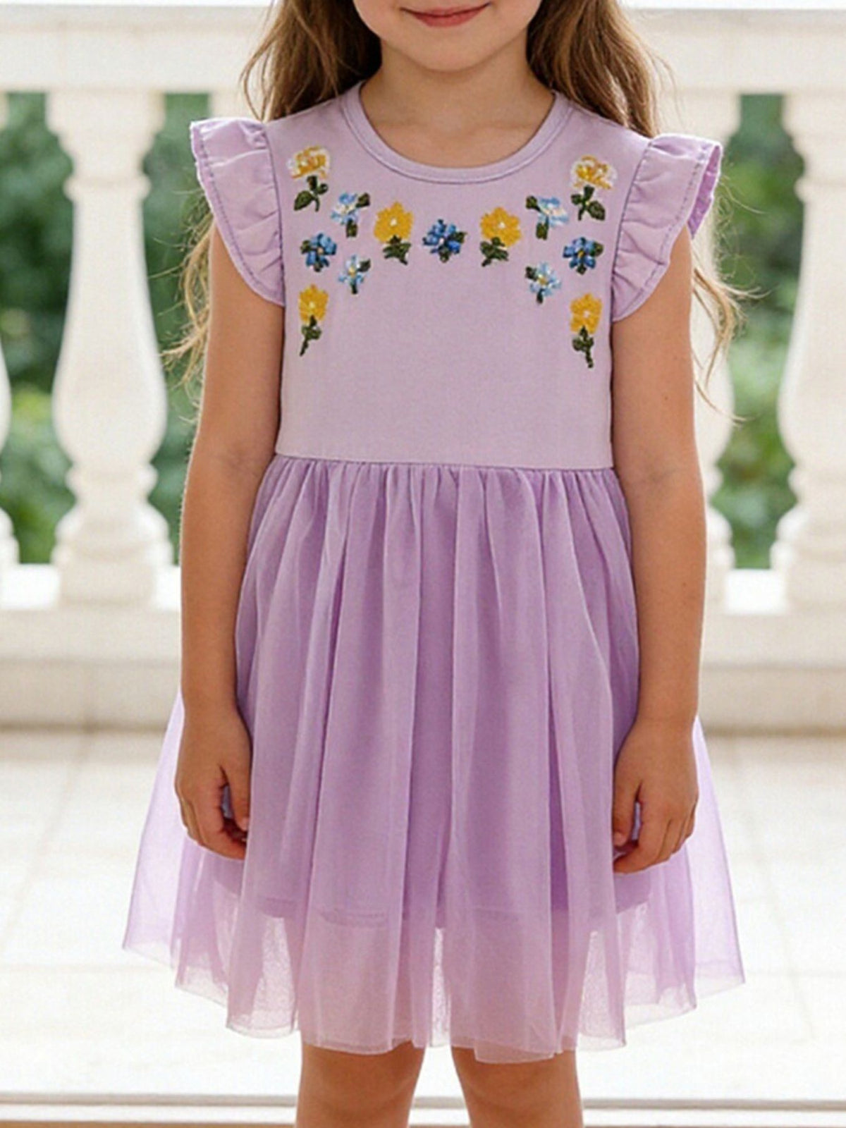 Lavender Floral Embroidered Tulle Dress — dress worn by a child