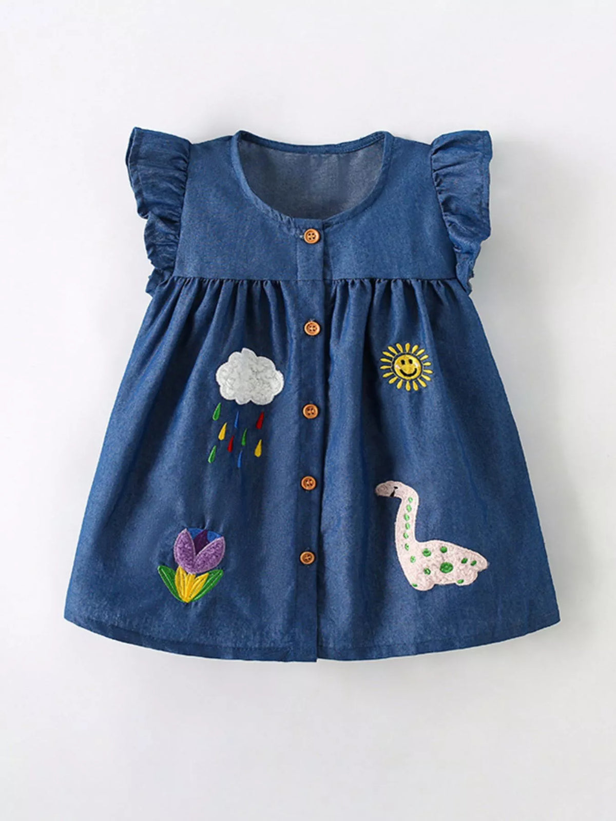 Dark Denim Dinosaur Embroidered Dress — front view