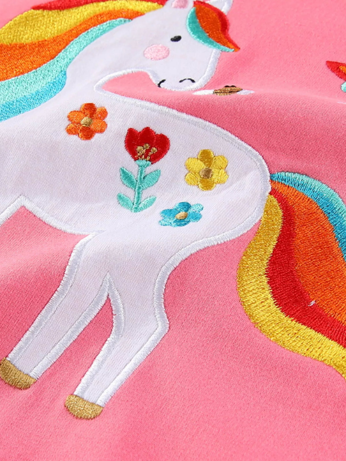 Pink floral unicorn applique sweatshirt — unicorn with rainbow mane and embroidered flowers