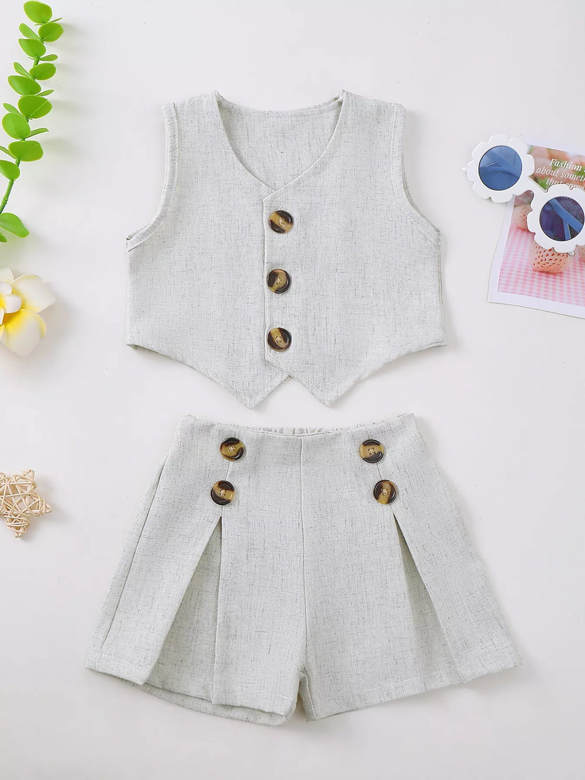 Gray button front vest and pleated shorts set — outfit front