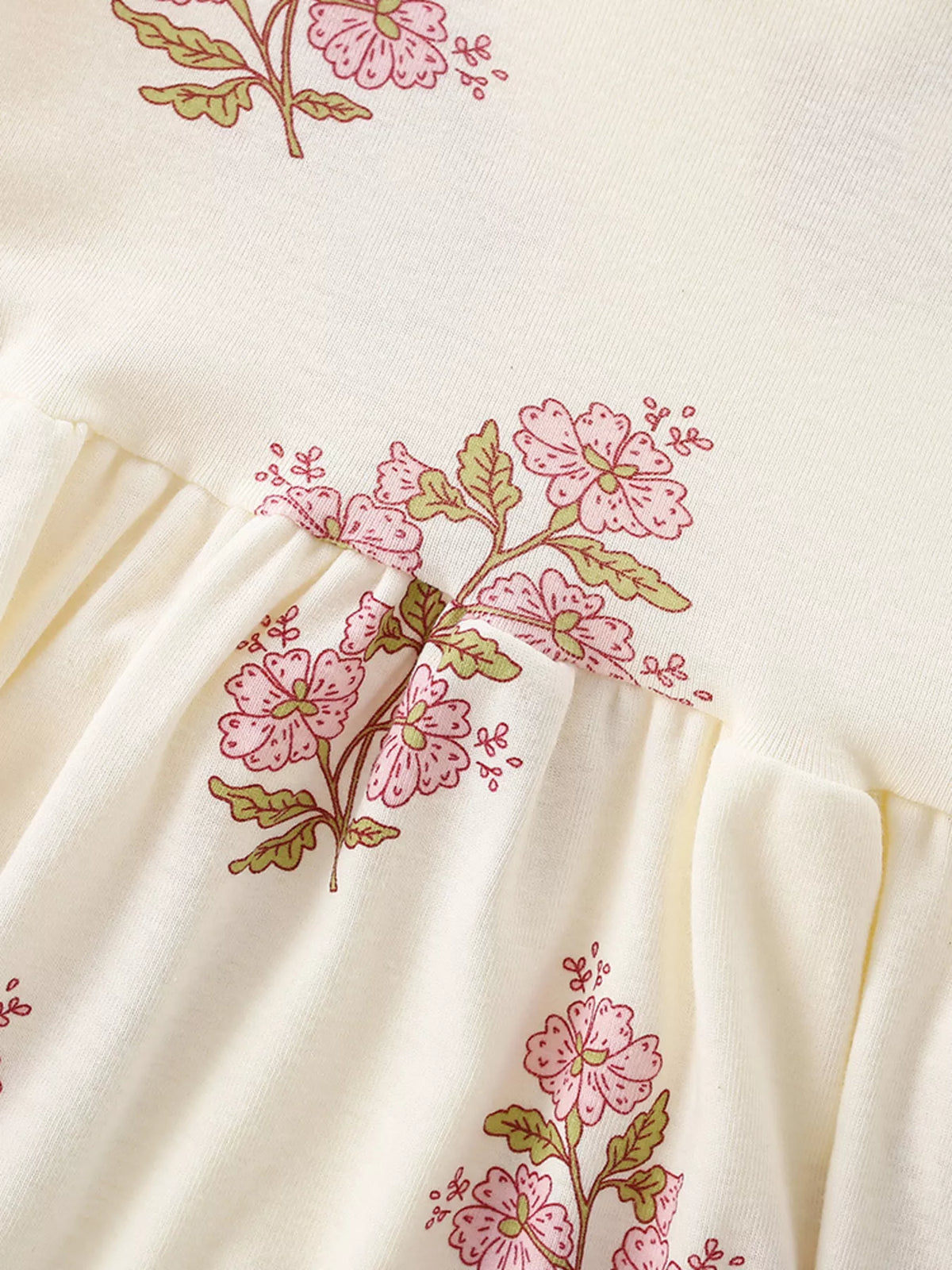 Cream pink floral short sleeve dress — gathered waist and floral print