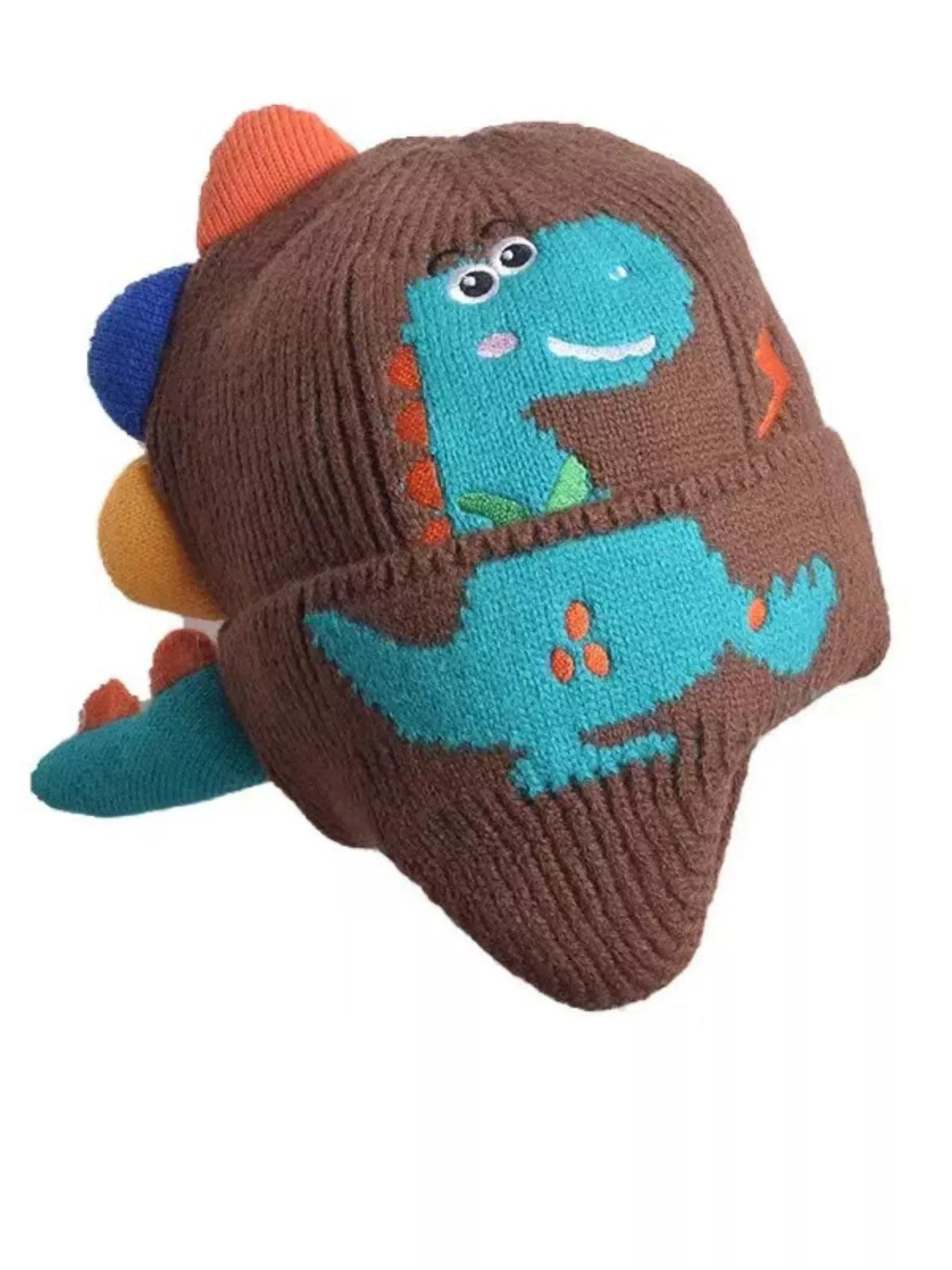 Dinosaur Knit Hat with Earflaps — chocolate hat side view