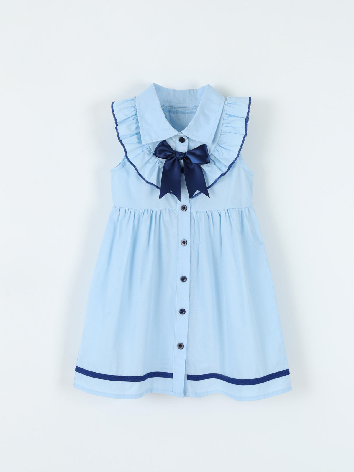 Blue Bow Collar Button-Front Dress — front view