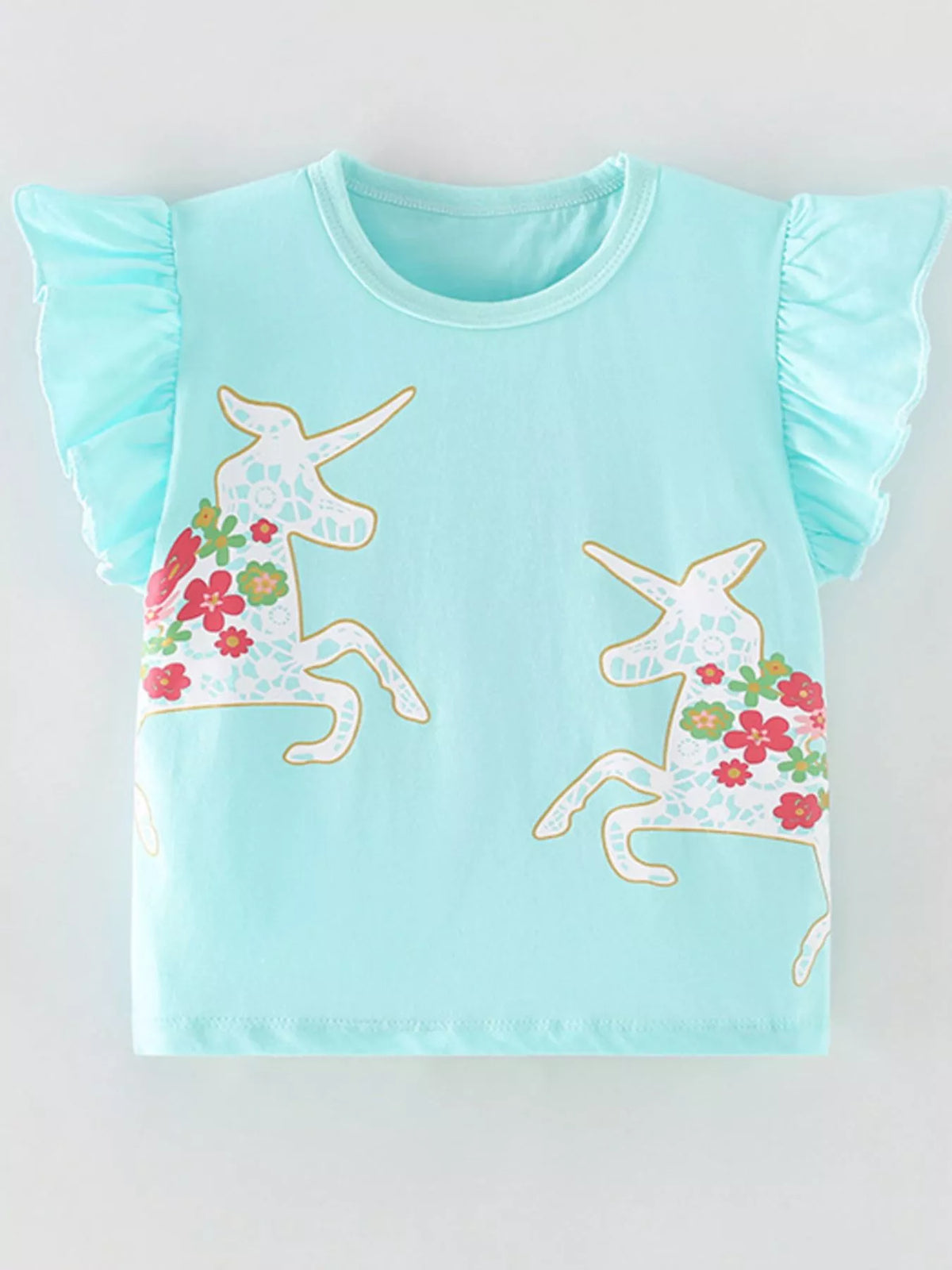 Turquoise floral unicorn ruffle sleeve top — front