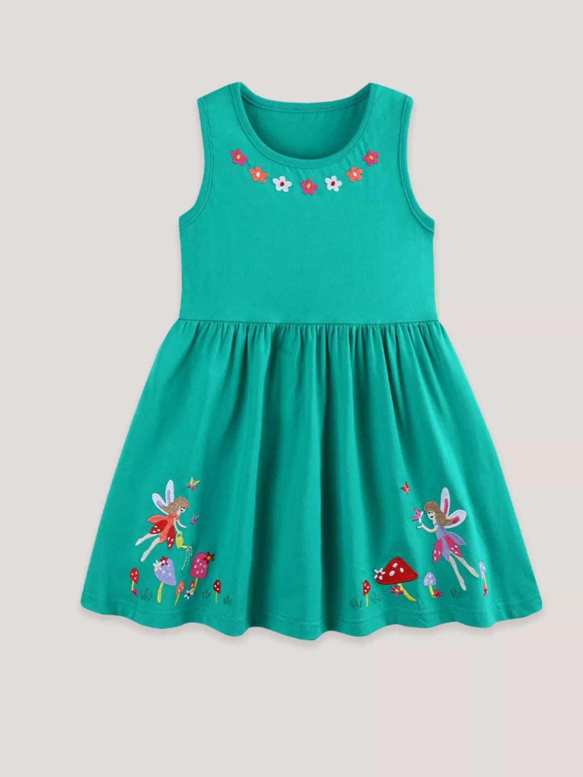 Turquoise Floral Embroidered Sleeveless Dress — front view