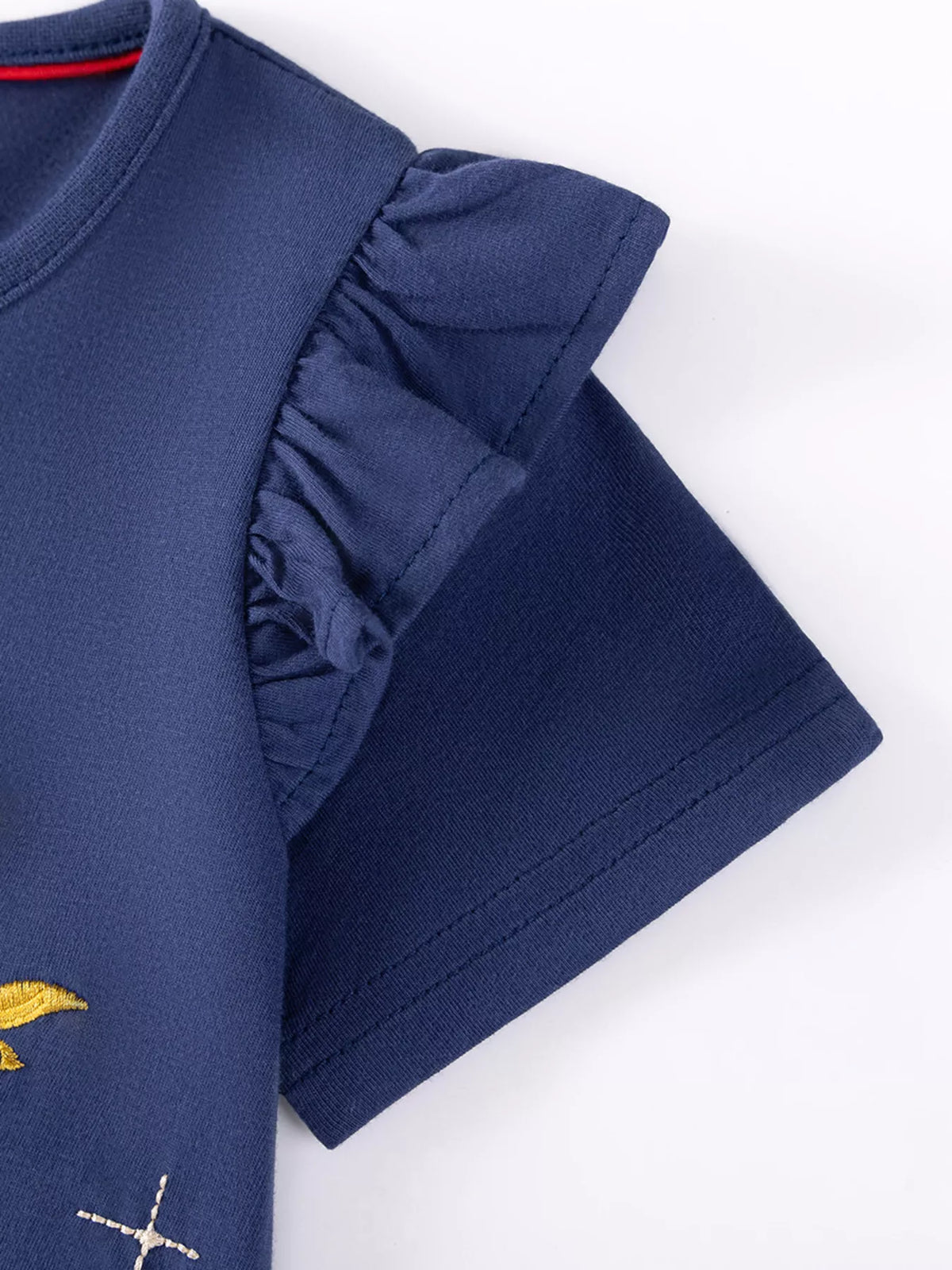 Layered navy shoulder ruffles