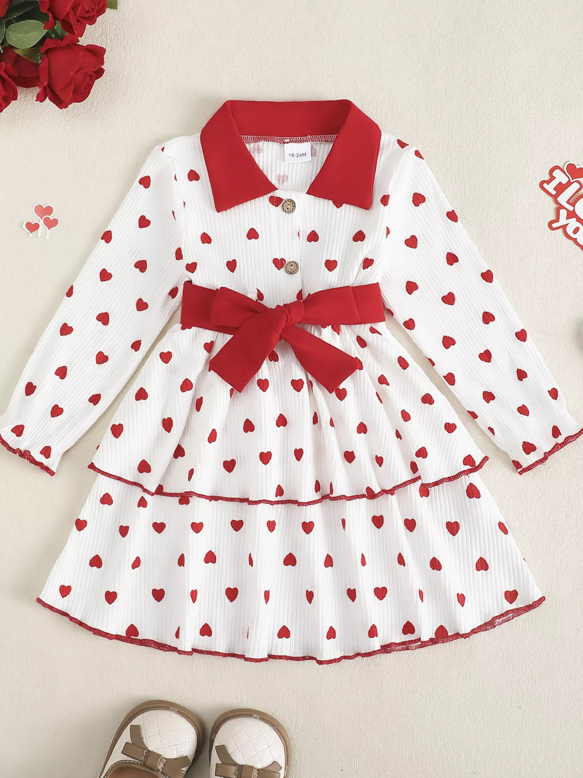 White red heart print tiered dress and bow belt — dress front