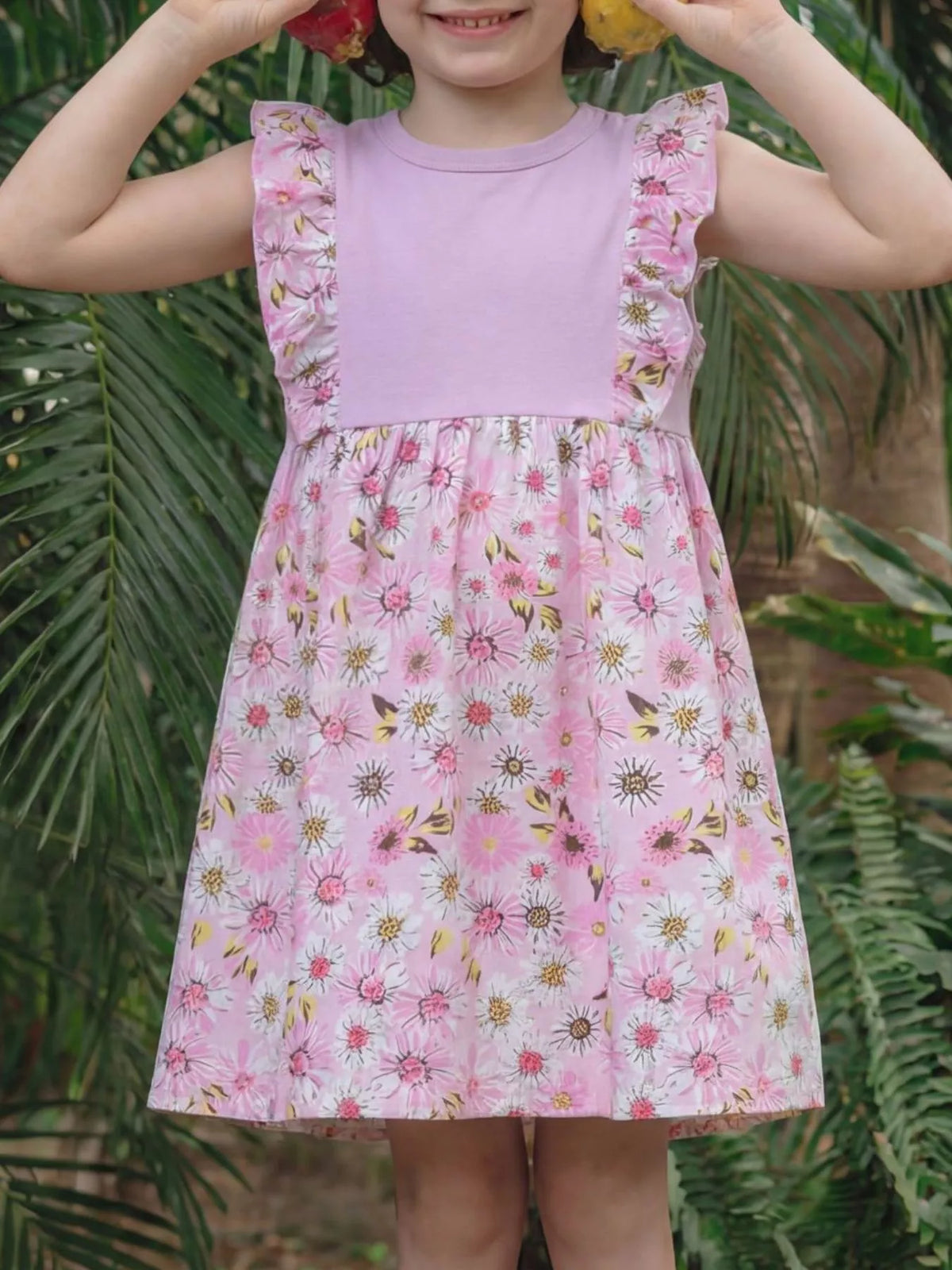 Lavender Floral Ruffle Sleeve Dress — dress worn by a child