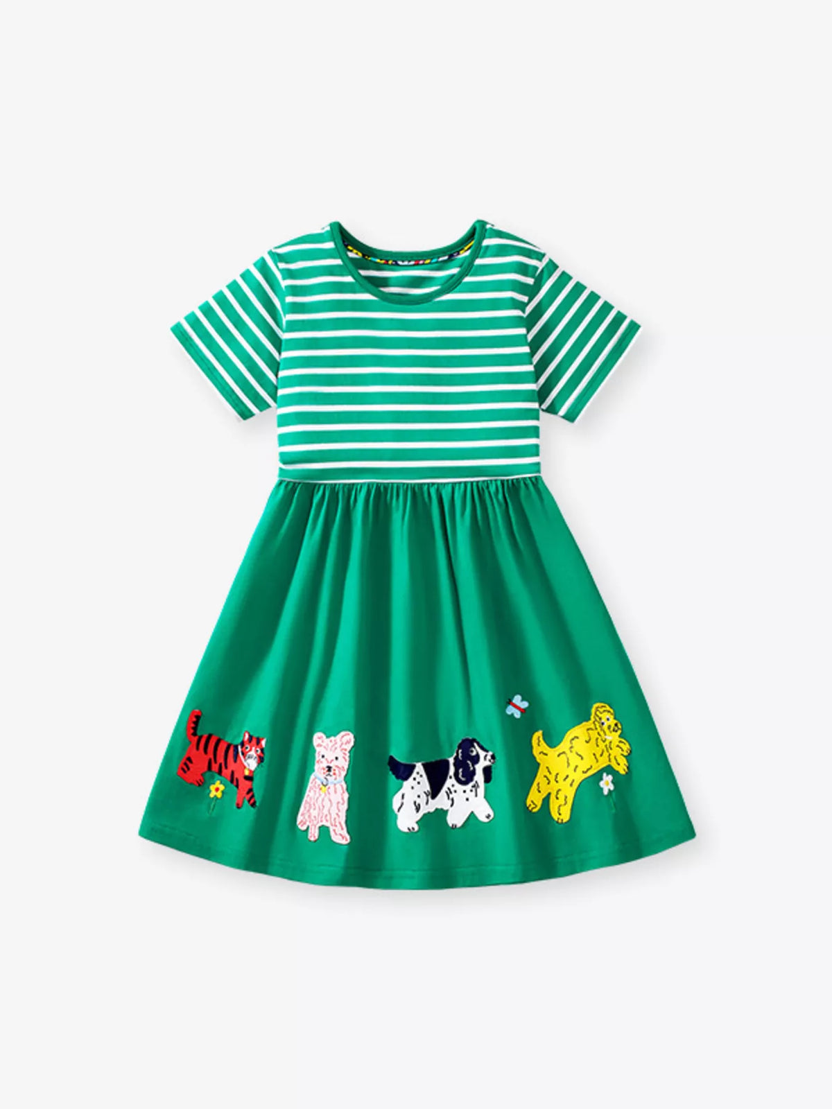 Striped Animal Applique Cotton Dress — green striped animal dress front