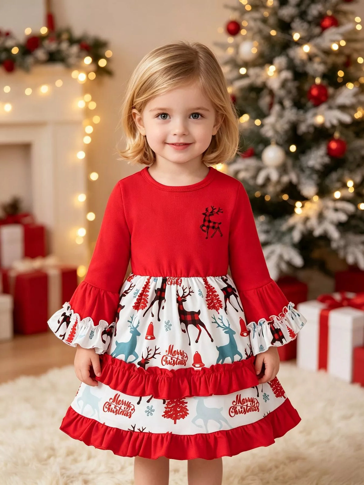 Red Christmas reindeer tiered ruffle dress — dress shown on child