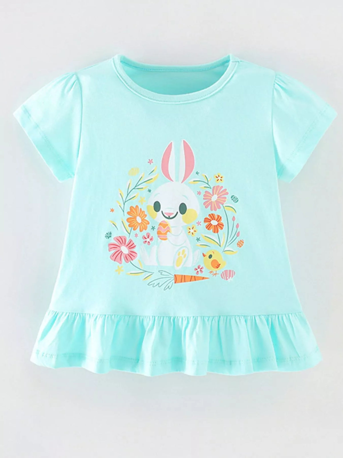Mint bunny carrot graphic ruffle hem shirt — front