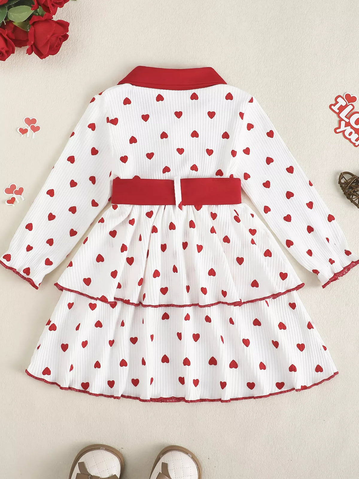 White red heart print tiered dress and bow belt — dress back and belt