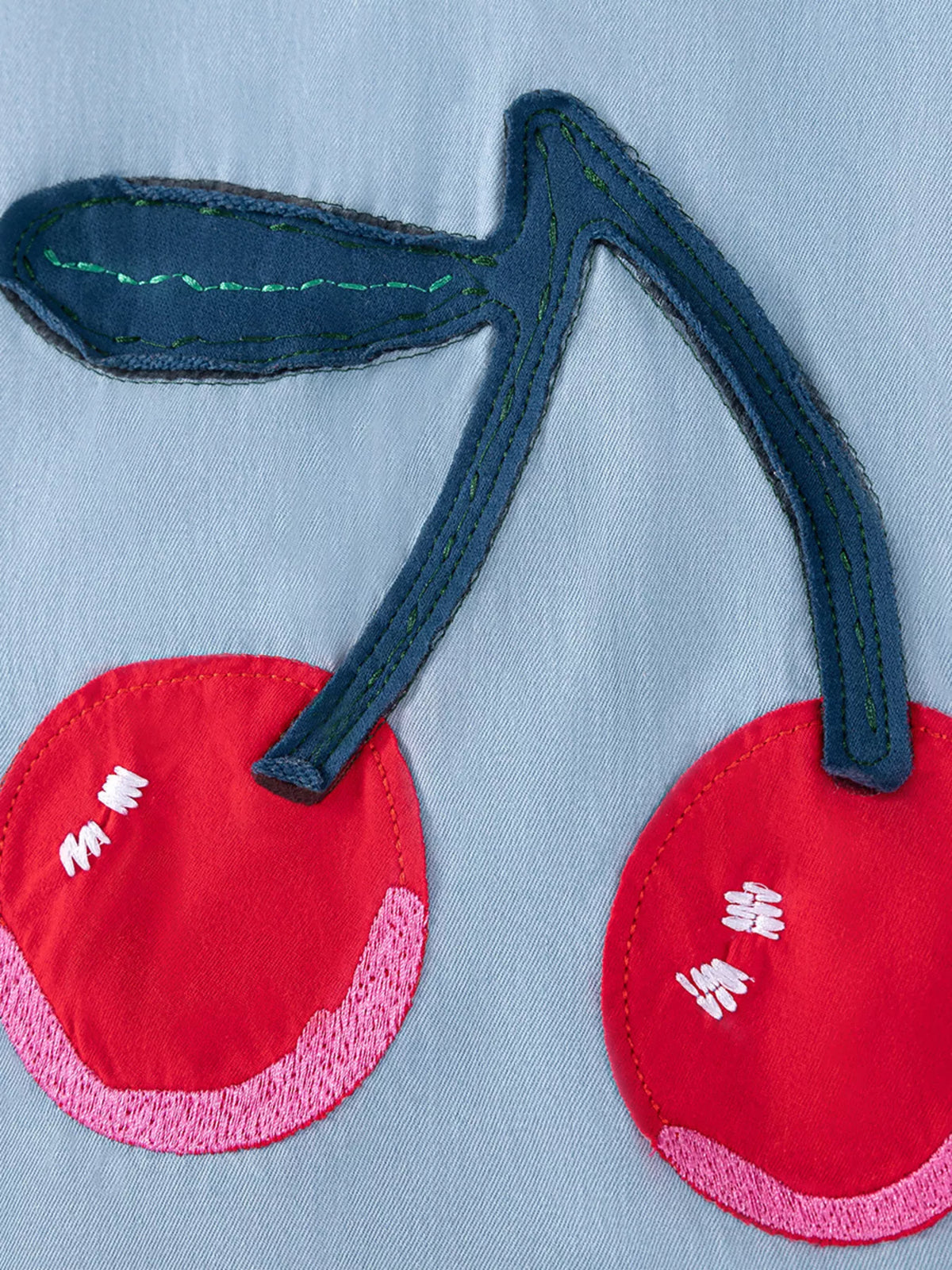 Blue Cherry Applique Sleeveless Dress — cherry applique detail