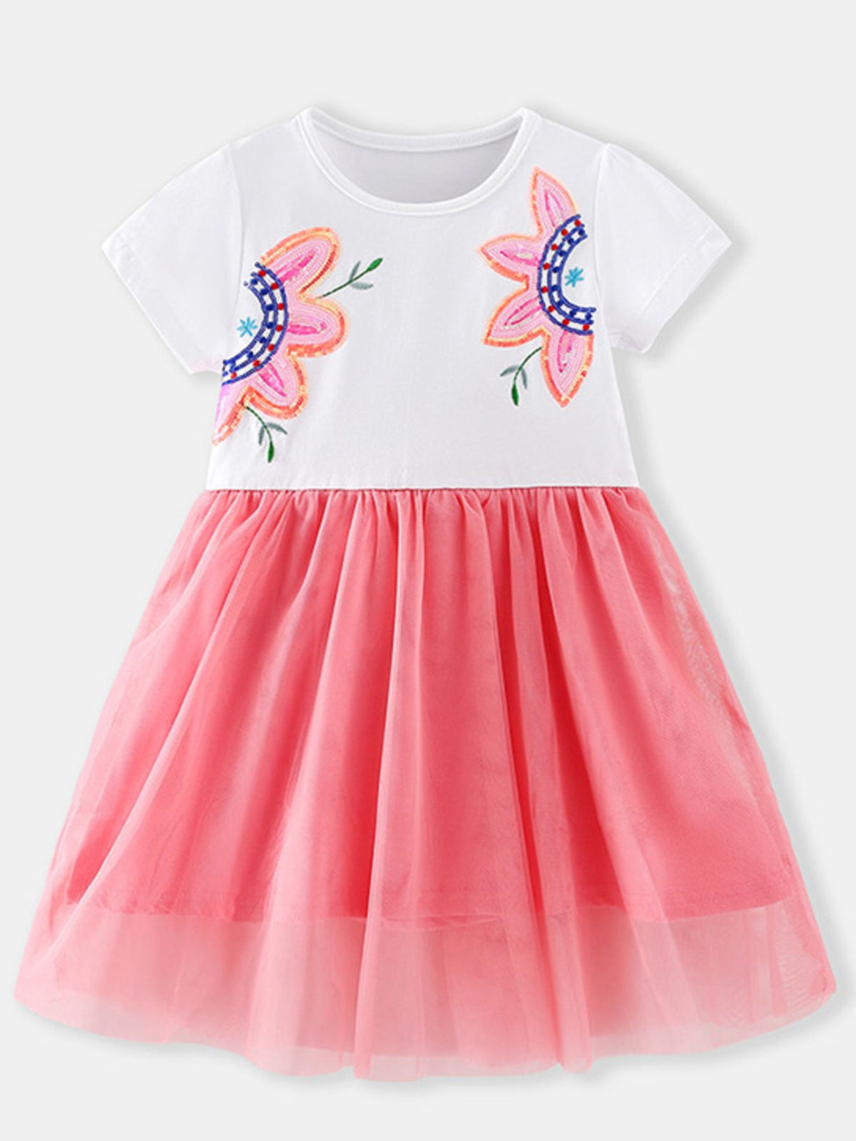 Sequin Flower Coral Tulle Dress — front view