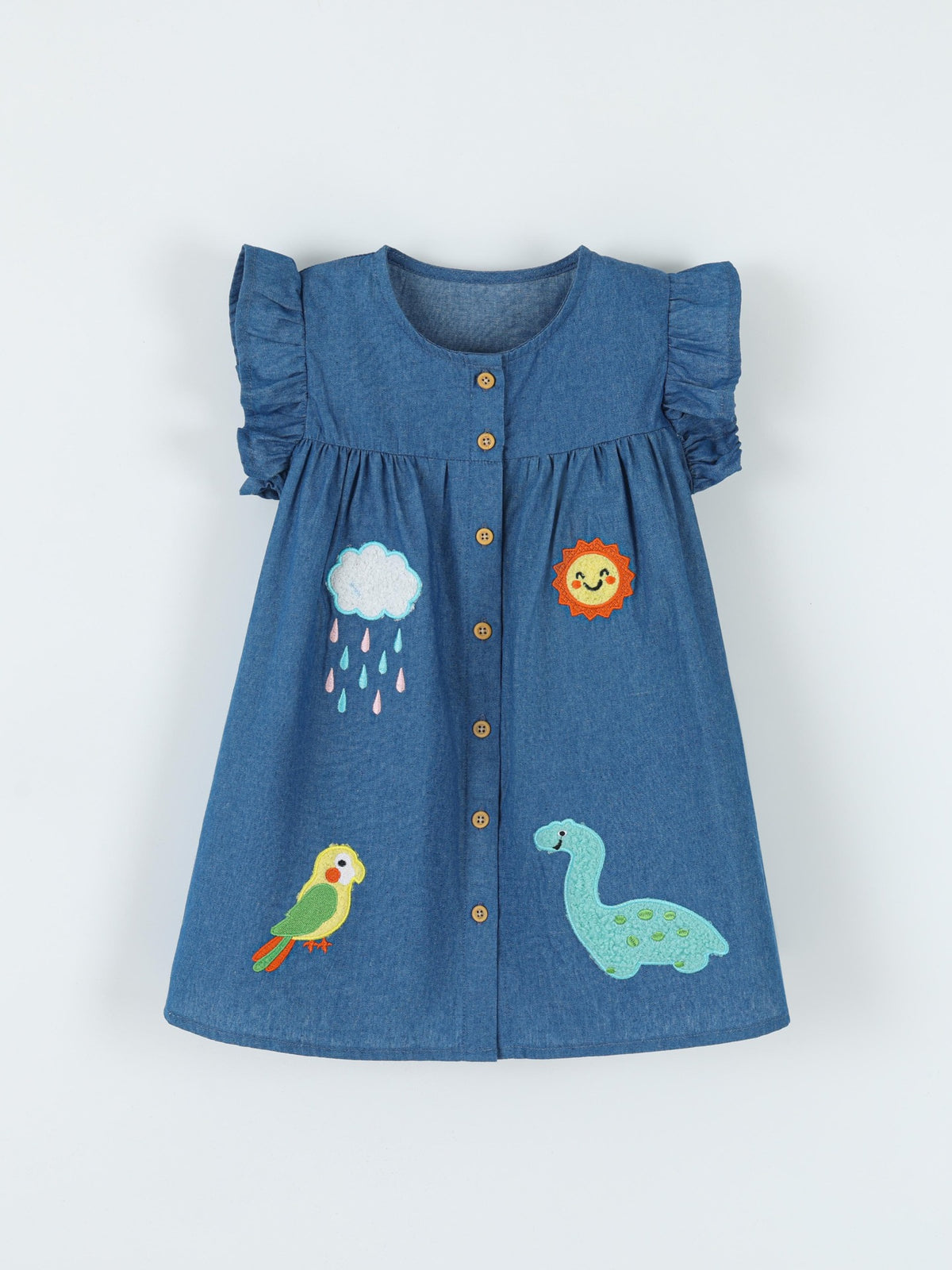 Dinosaur and Bird Embroidered Denim Dress — front view