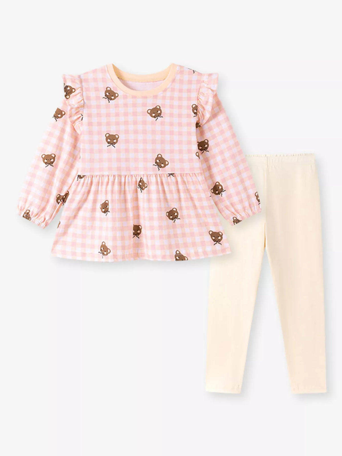 Pink gingham bear peplum top with cream leggings laid flat