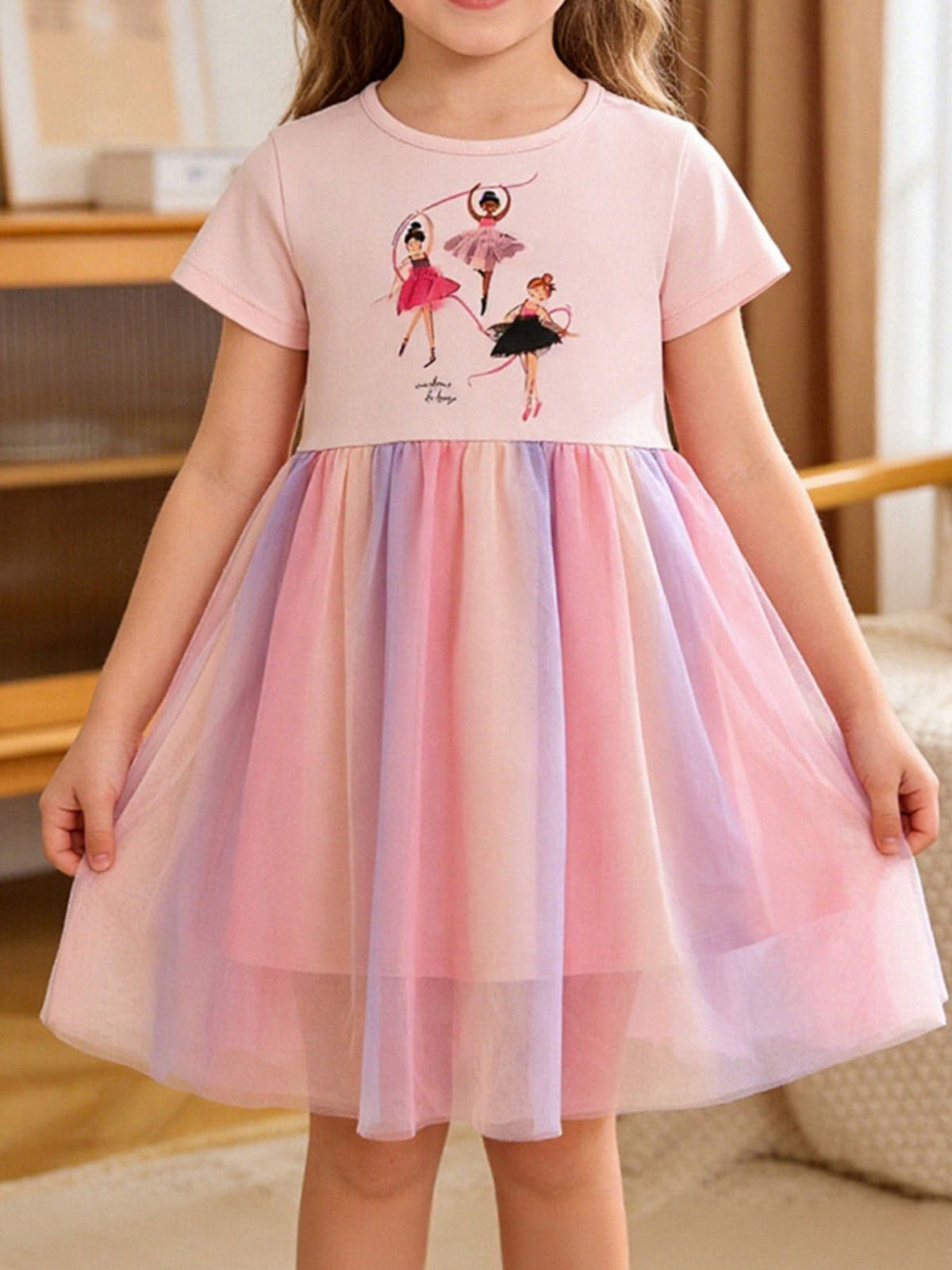 Ballerina Graphic Rainbow Tulle Dress — dress worn by a child
