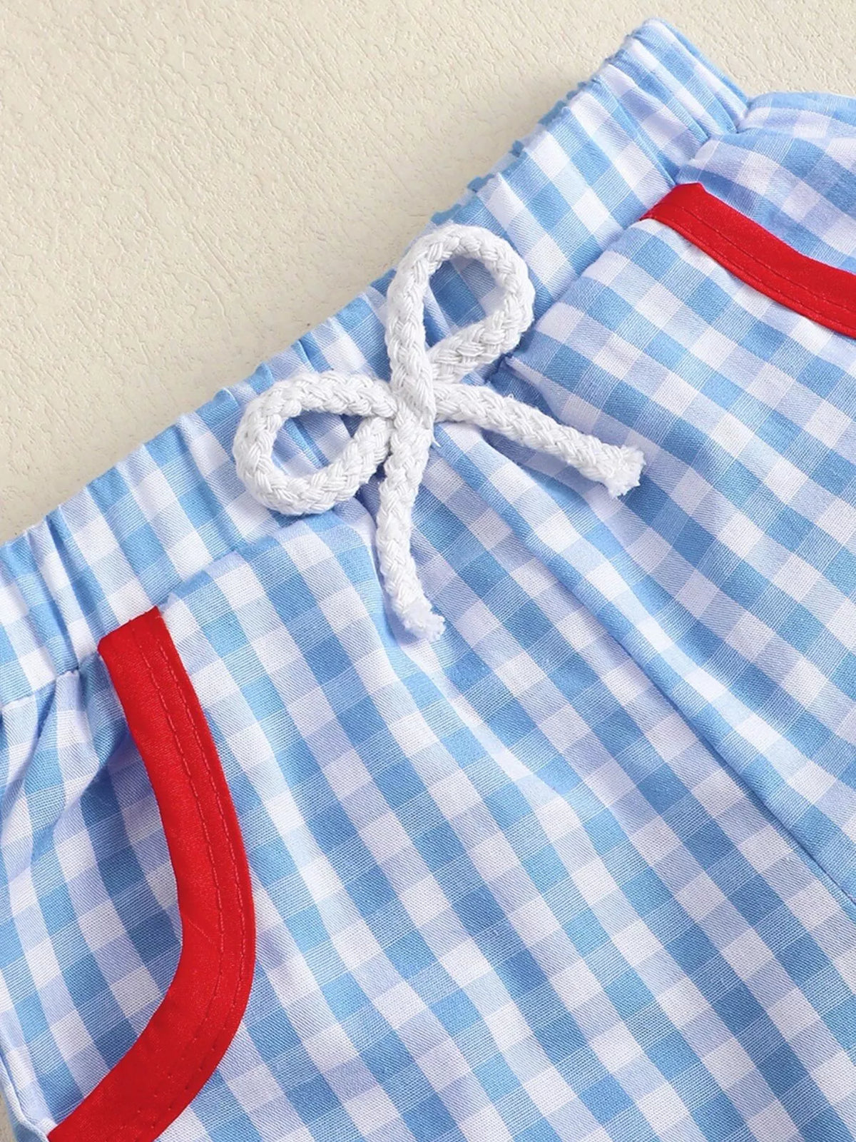 Red God is good baseball tee and gingham shorts — blue gingham shorts drawstring and pocket