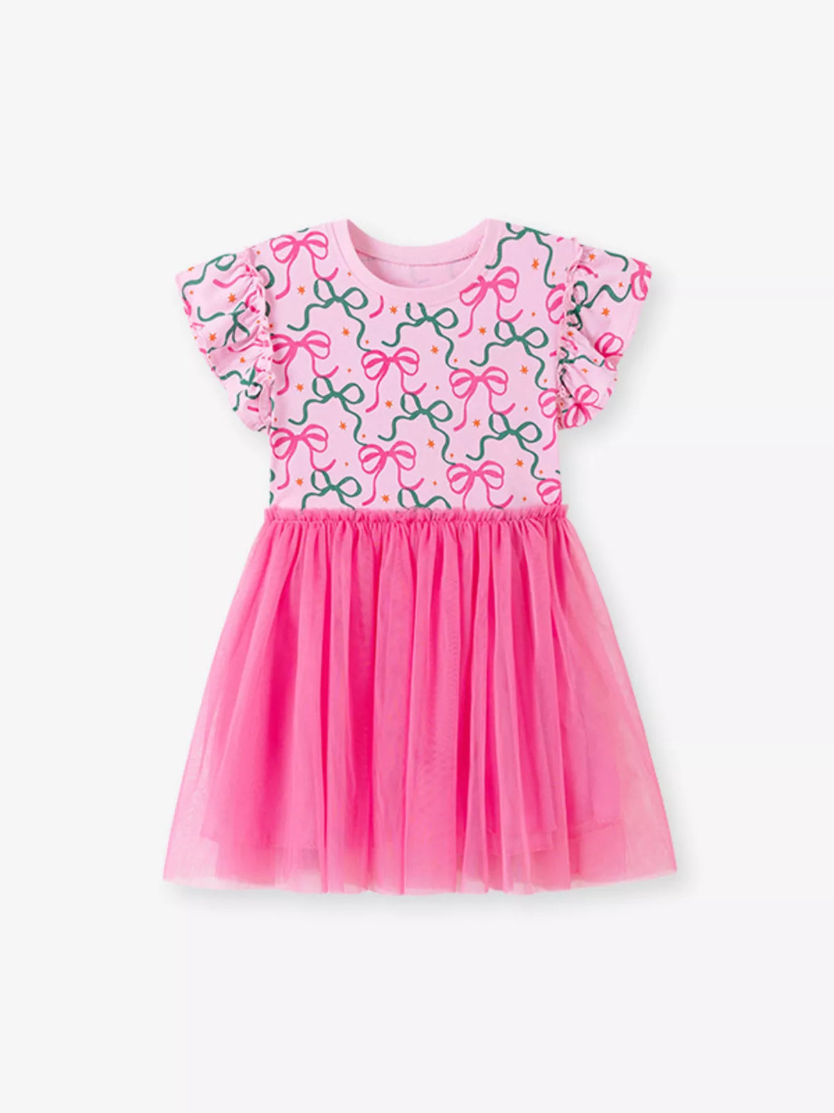 Pink bow-print ruffle-sleeve dress with a bright tulle skirt laid flat