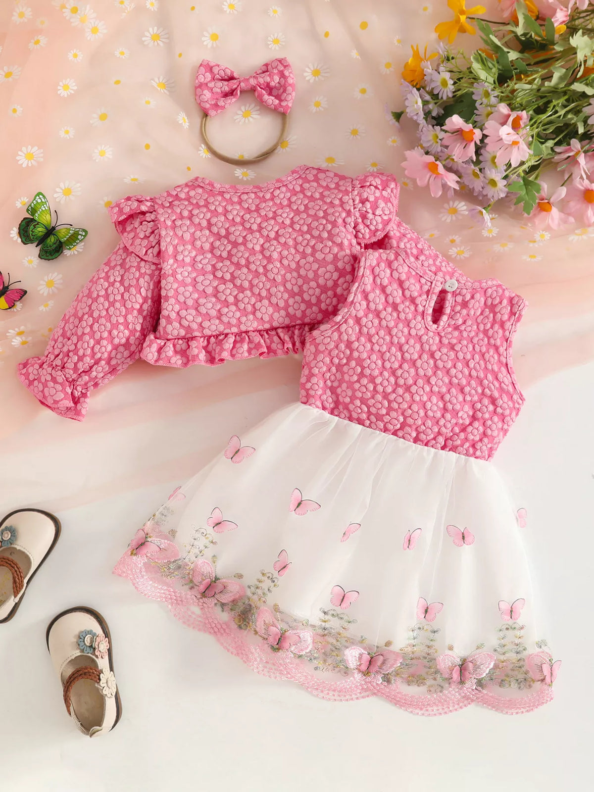 Floral butterfly dress cardigan and headband set — deep pink outfit back