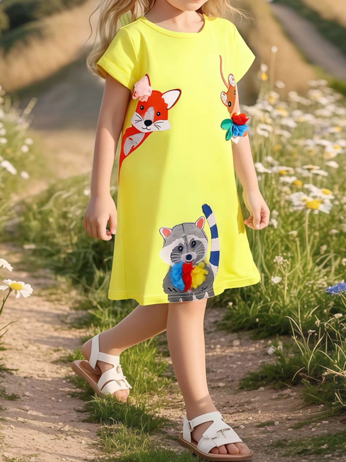 Woodland Animal Applique Cotton Dress — yellow dress worn by a child