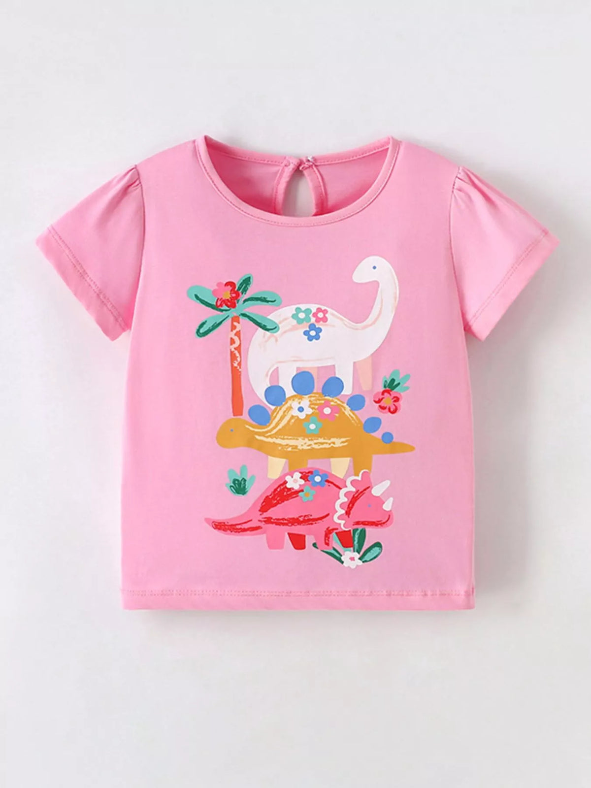 Pink floral dinosaur graphic shirt — front