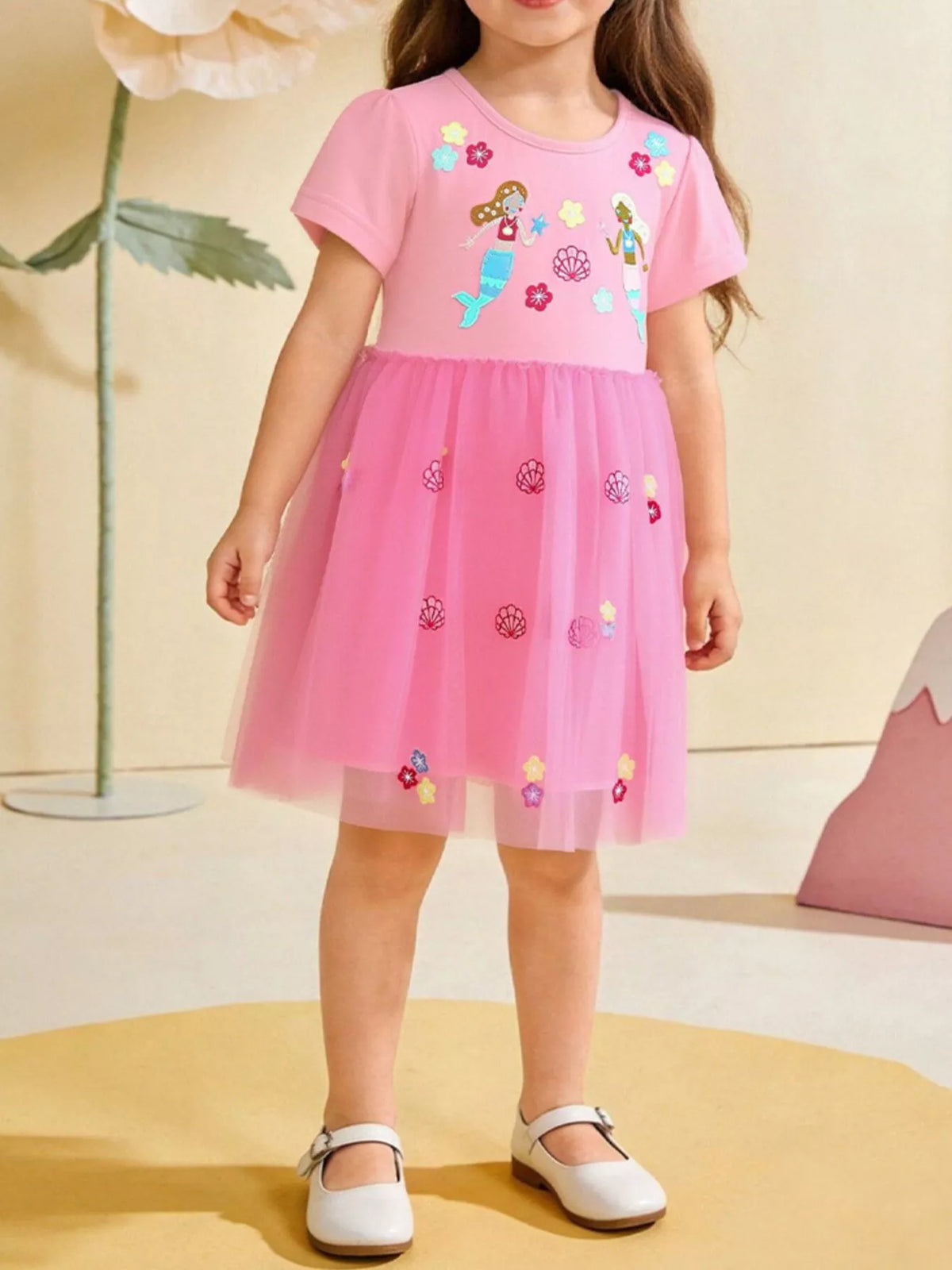 Pink Mermaid Embroidered Tulle Dress — dress worn by a child