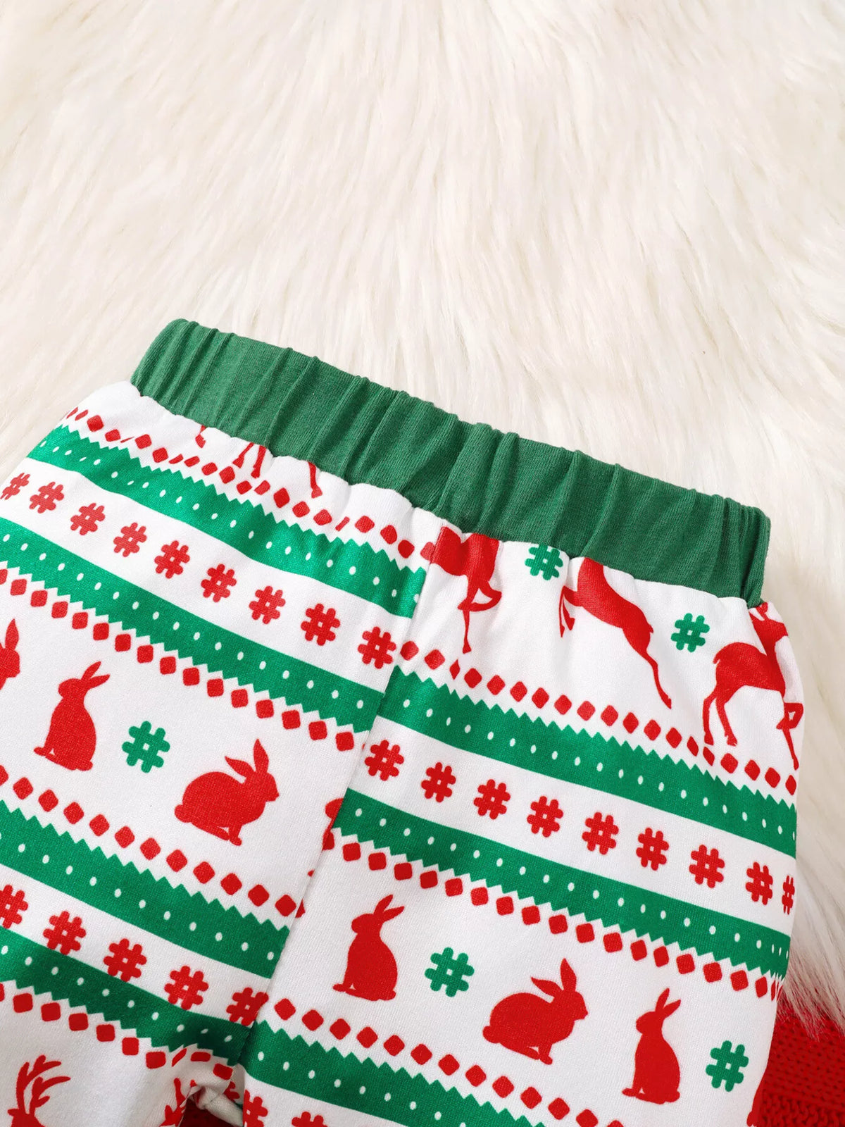 Green Santa reindeer bodysuit printed pants and hat — printed pants waistband