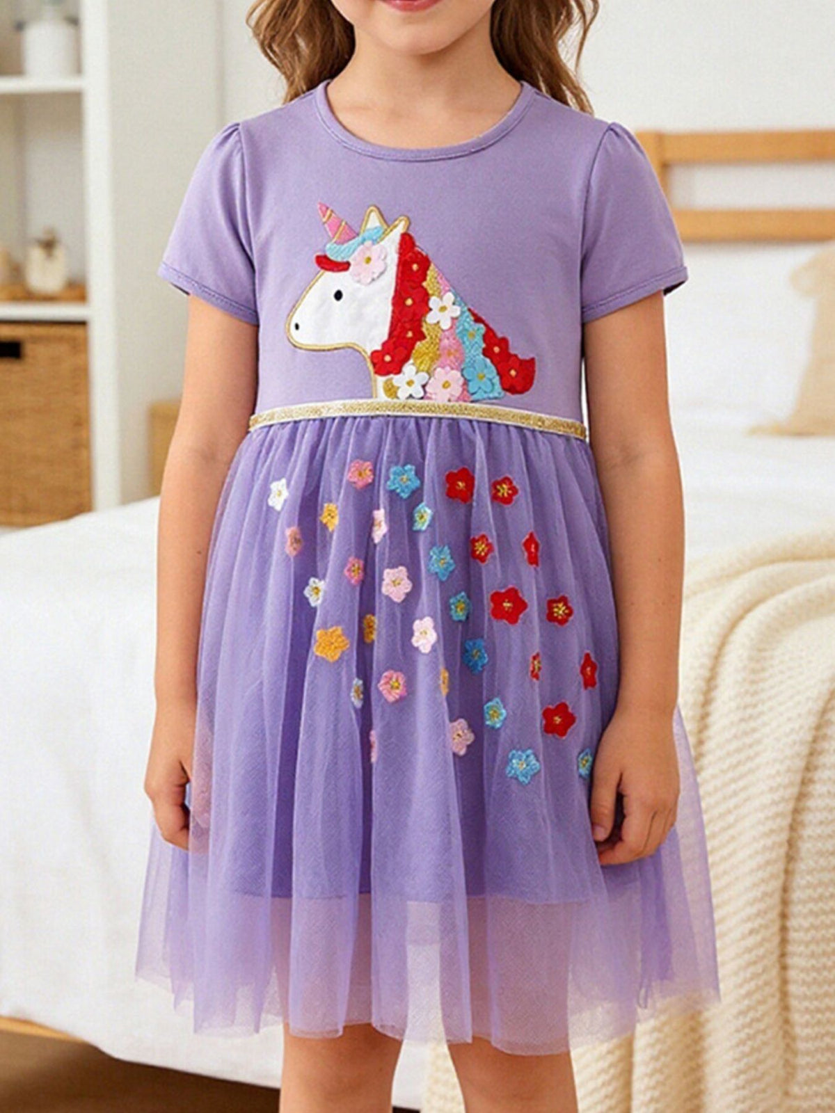 Unicorn and Flower Embroidered Lavender Dress — dress worn by a child