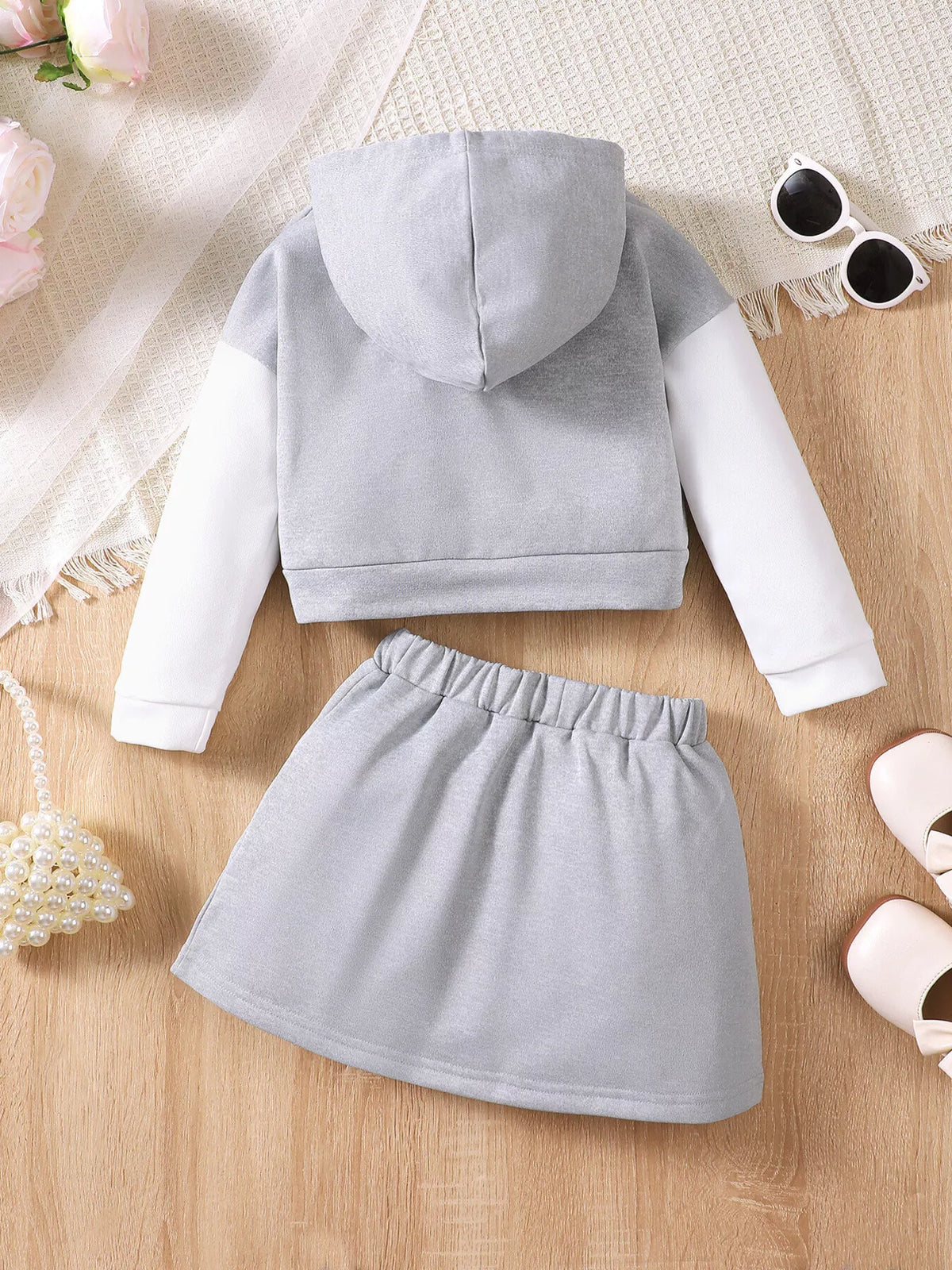 Gray color block letter hoodie and skirt set — outfit back