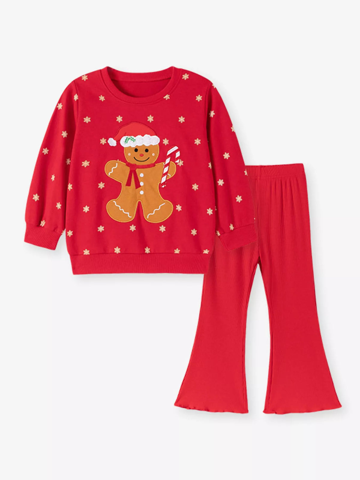 Red gingerbread sweatshirt with red flared pants laid flat
