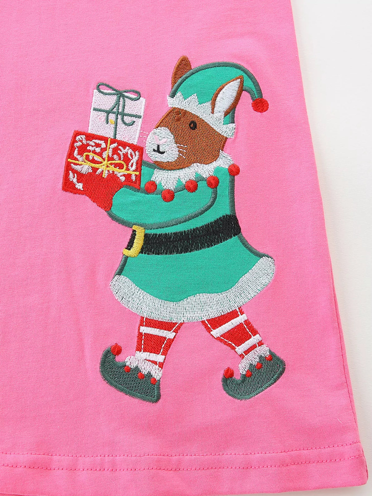 Christmas Elf Embroidered Striped-Sleeve Dress — festive animal elf embroidery