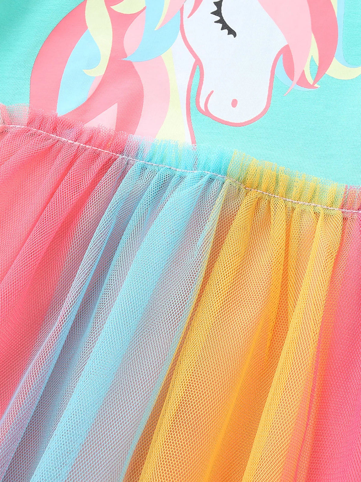 Turquoise Unicorn Rainbow Tulle Dress — multicolor tulle skirt detail