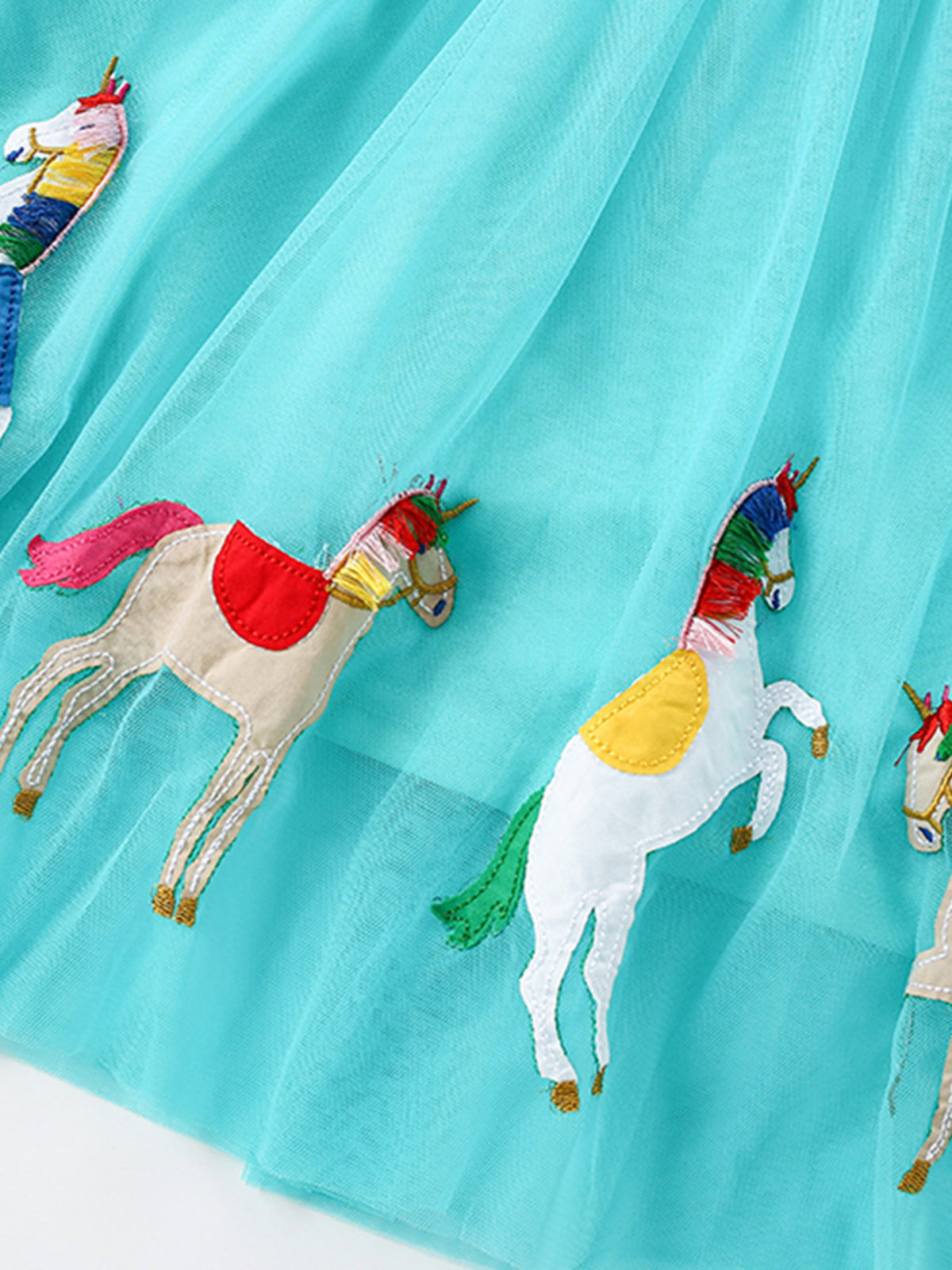 Striped Horse Embroidered Tulle Dress — horse motifs on turquoise tulle skirt