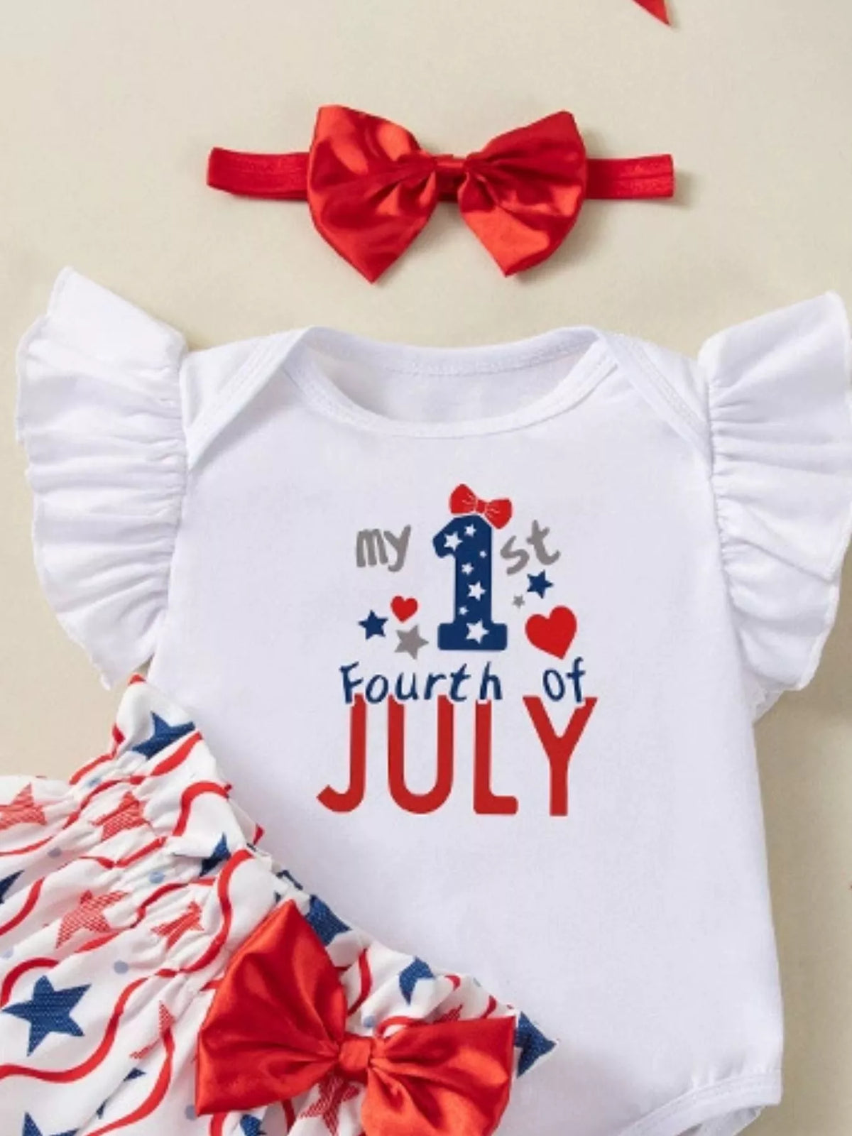 Baby Fourth of July Three-Piece Outfit Set — My First Fourth of July lettering
