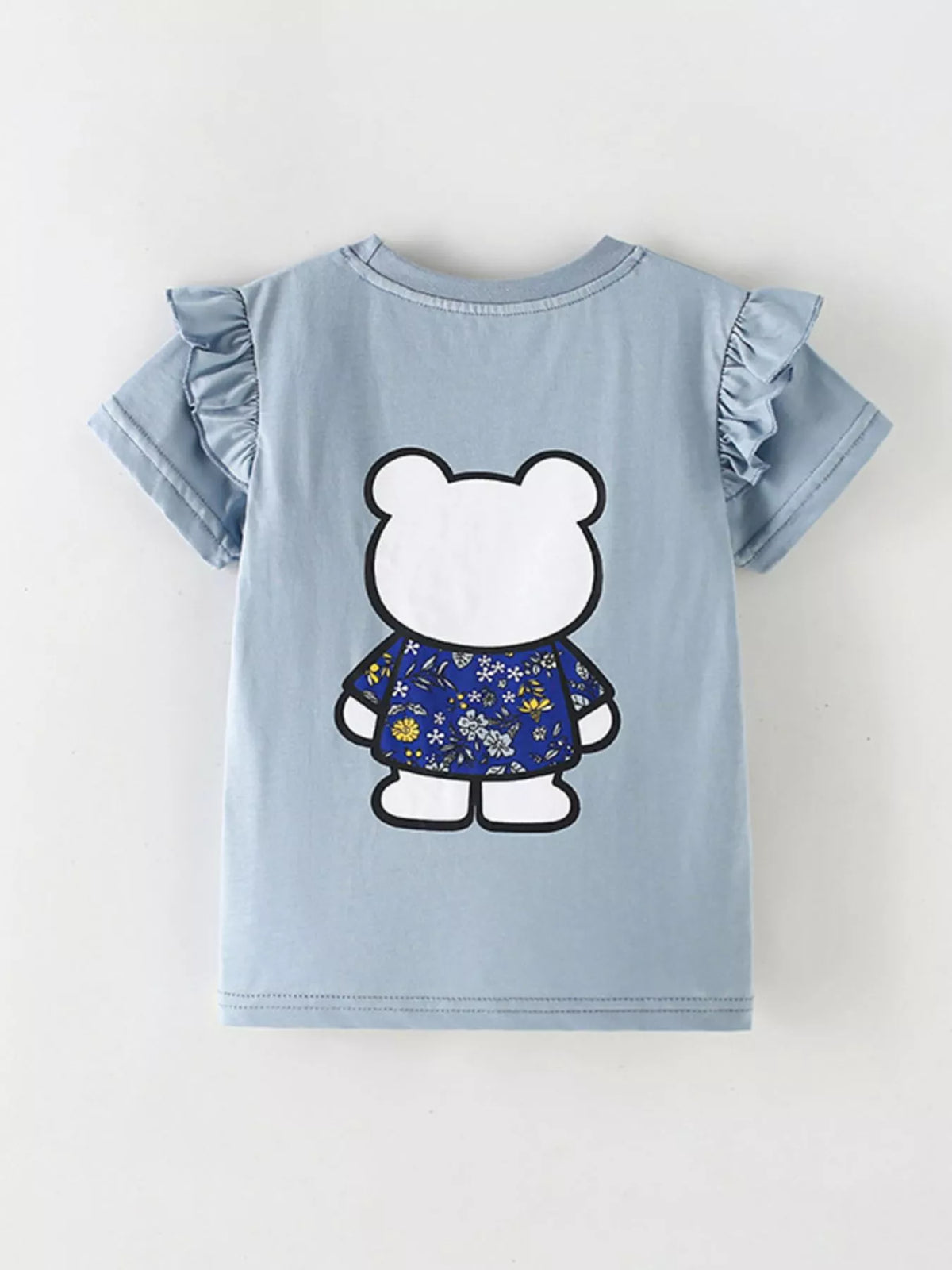 Blue bear graphic ruffle sleeve shirt — back with bear graphic