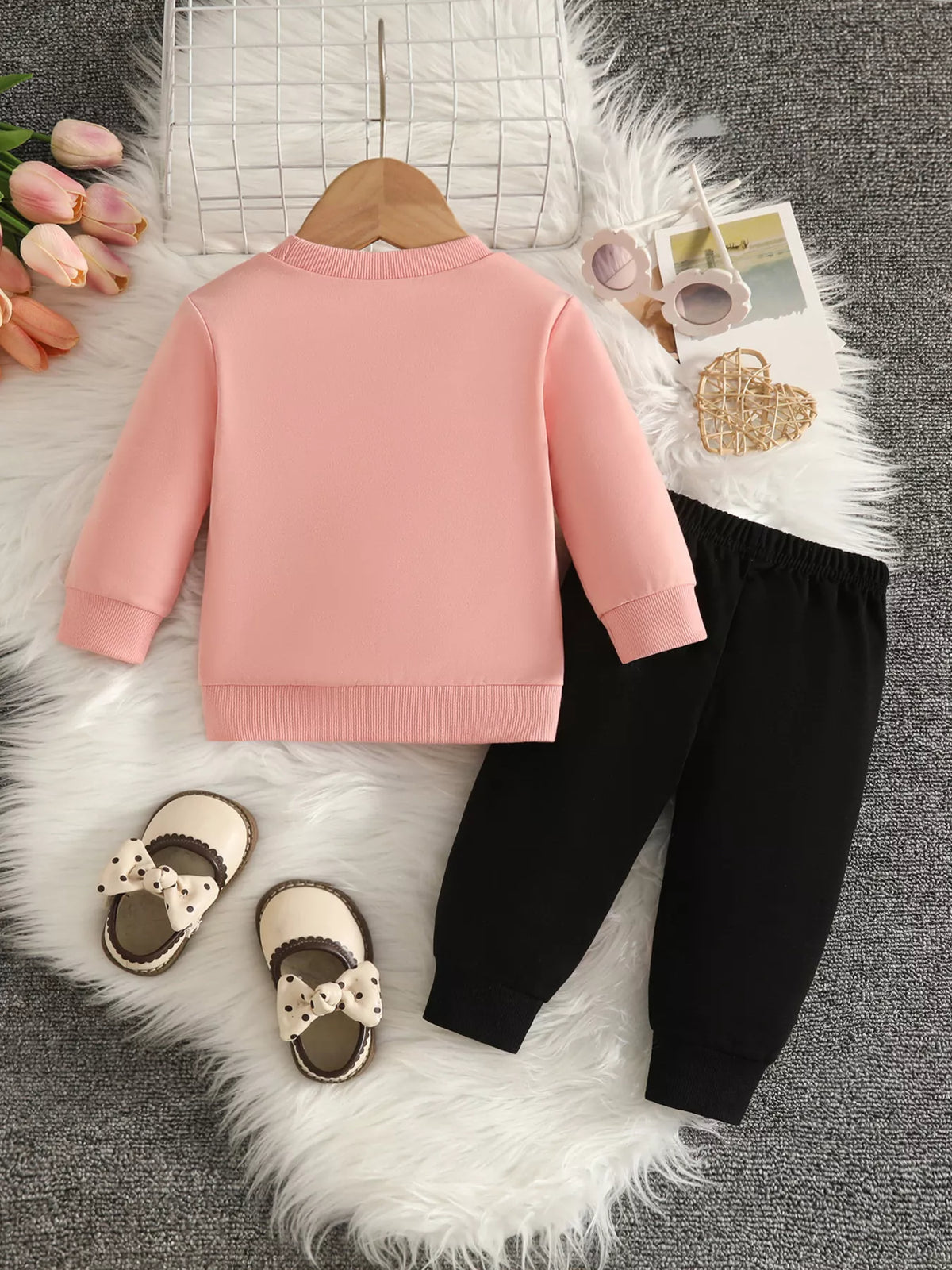 Bow embellished sweatshirt and black pants set — pink outfit back