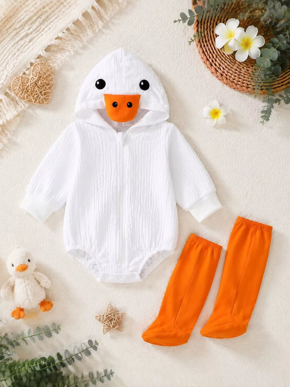 Baby Duck Hooded Bodysuit — alternate front flat lay