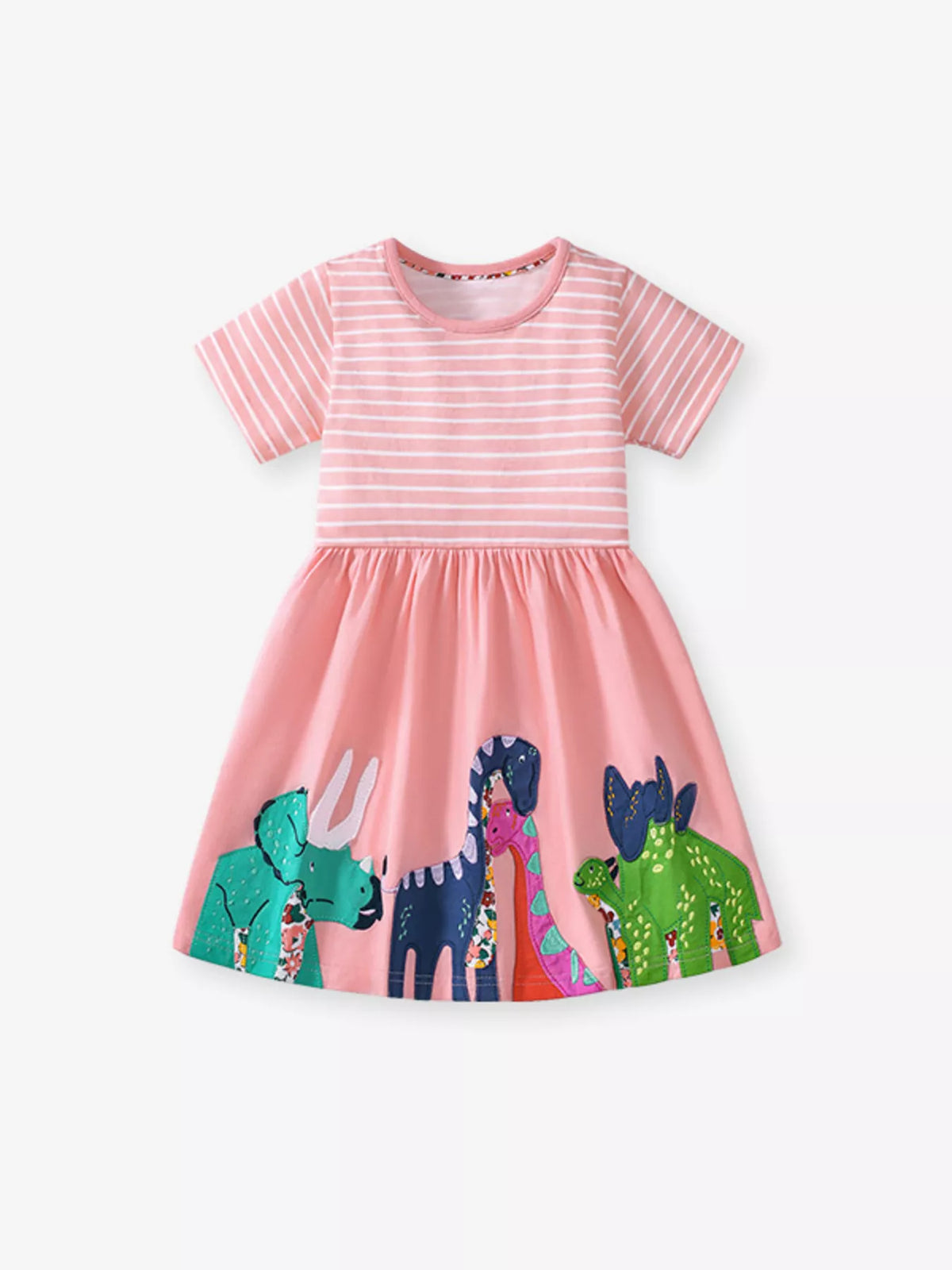 Striped Animal Applique Cotton Dress — pink striped dinosaur dress front